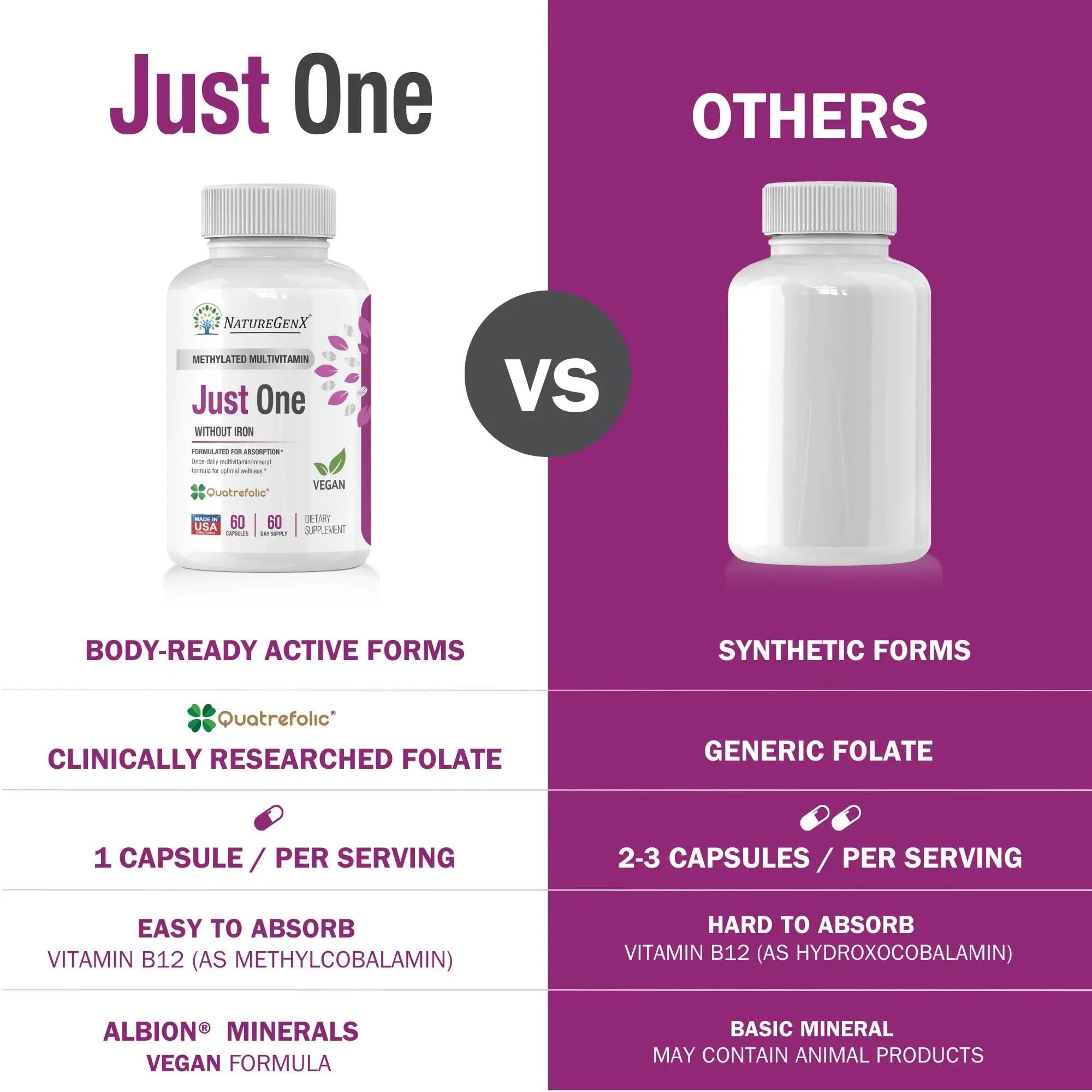 NatureGenX Just One Daily Methylated Multivitamin - 60 Caps Pure Methyl B12, Methylfolate MTHFR Support Supplement Iron Free Methylated Vitamins NatureGenX uk supplements