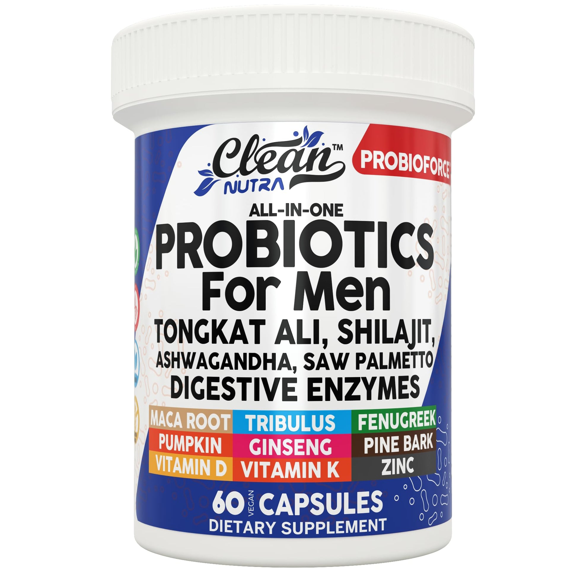 Clean Nutra Probiotics for Men | Tongkat Ali, Saw Palmetto, Tribulus, Ginseng, Ashwagandha, Maca, Pumpkin, Gingko Biloba, Pine Bark, Fenugreek, Shilajit, Zinc - Mens Probiotic 60 Capsules Clean Nutraceuticals uk supplements