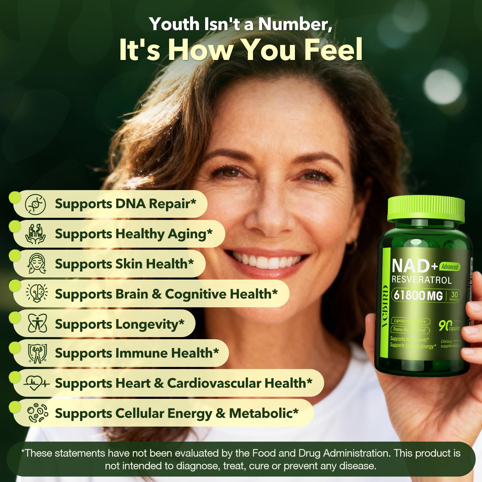 Nad Resveratrol Supplement 61800mg Per Bottle – Liposomal Nad+ Resveratrol for Women & Men – High Purity 1200mg Nad+ Supplement for Energy & Healthy Aging, Resveratrol, Quercetin, CoQ10 – 90 Counts VCBIRD uk supplements