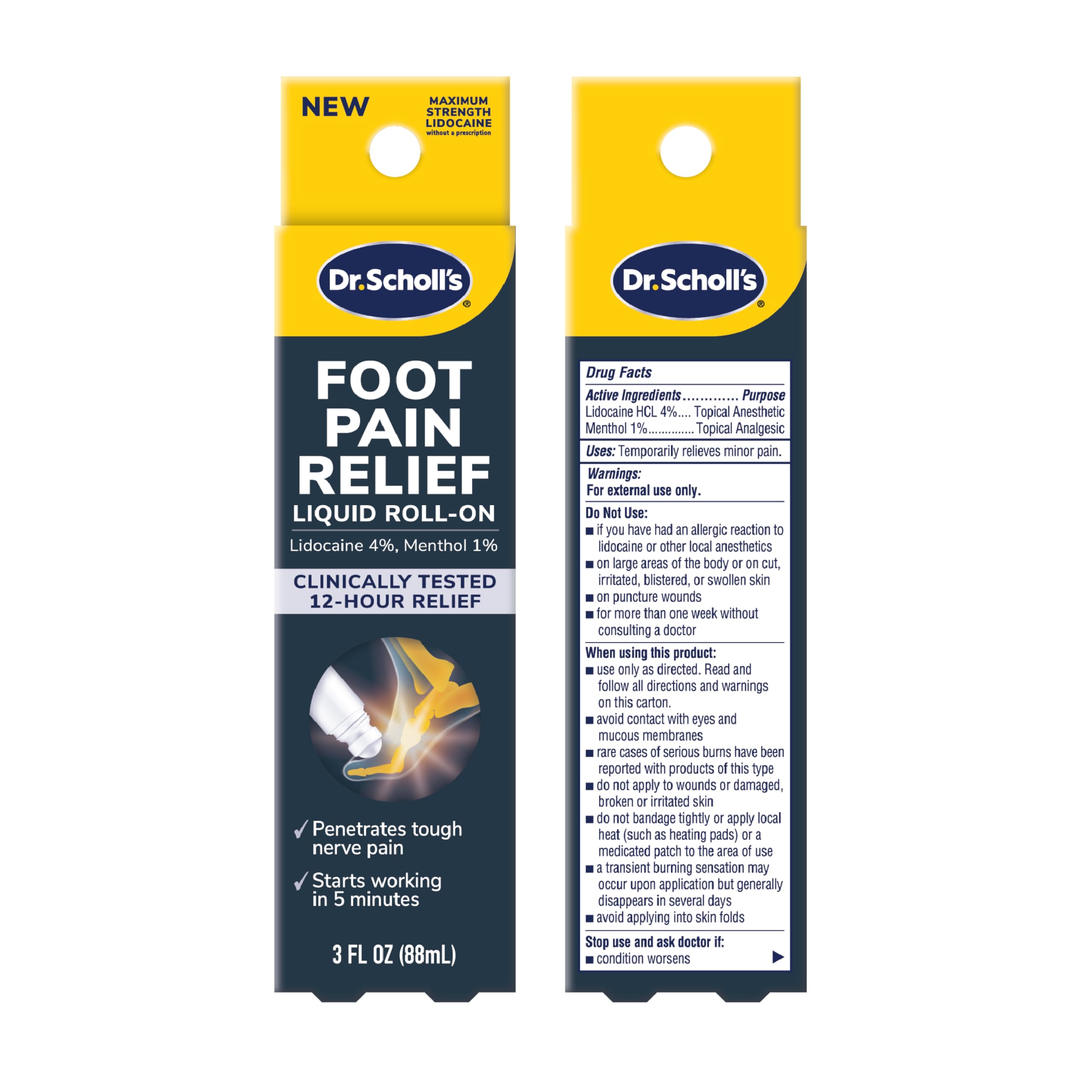 Dr. Scholl's Foot Pain Relief Liquid ROLL-ON, 3.0 oz // Clinically Tested 12-Hour Pain Relief - Penetrates Tough Nerve Pain - Works in 5 Minutes - Non-Greasy - with Lidocaine & Menthol Dr. Scholl's uk supplements