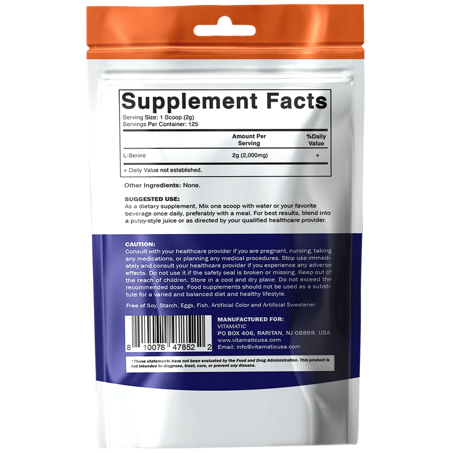 Vitamatic L-Serine Pure Powder 250 Gram | 2000 mg per Serving | 125 Servings | Unflavored | No Additives | Free of Soy, Eggs, Fish & Artificial Ingredients Vitamatic uk supplements