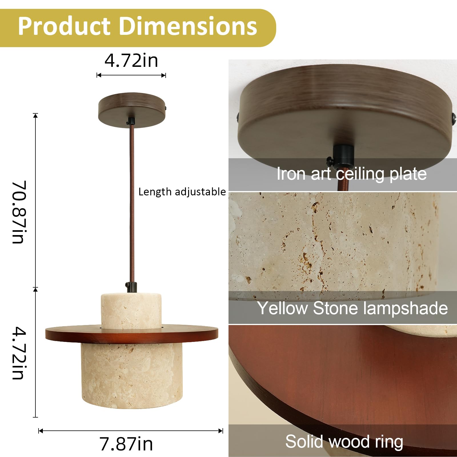Nordic Pendant Light Natural Yellow Travertine Lamp Simple Wabi Sabi Lamp Suitable for Restaurant Bedside Kitchen Island Cafe Wood Pendant Light (Walnut Color) Generic uk supplements