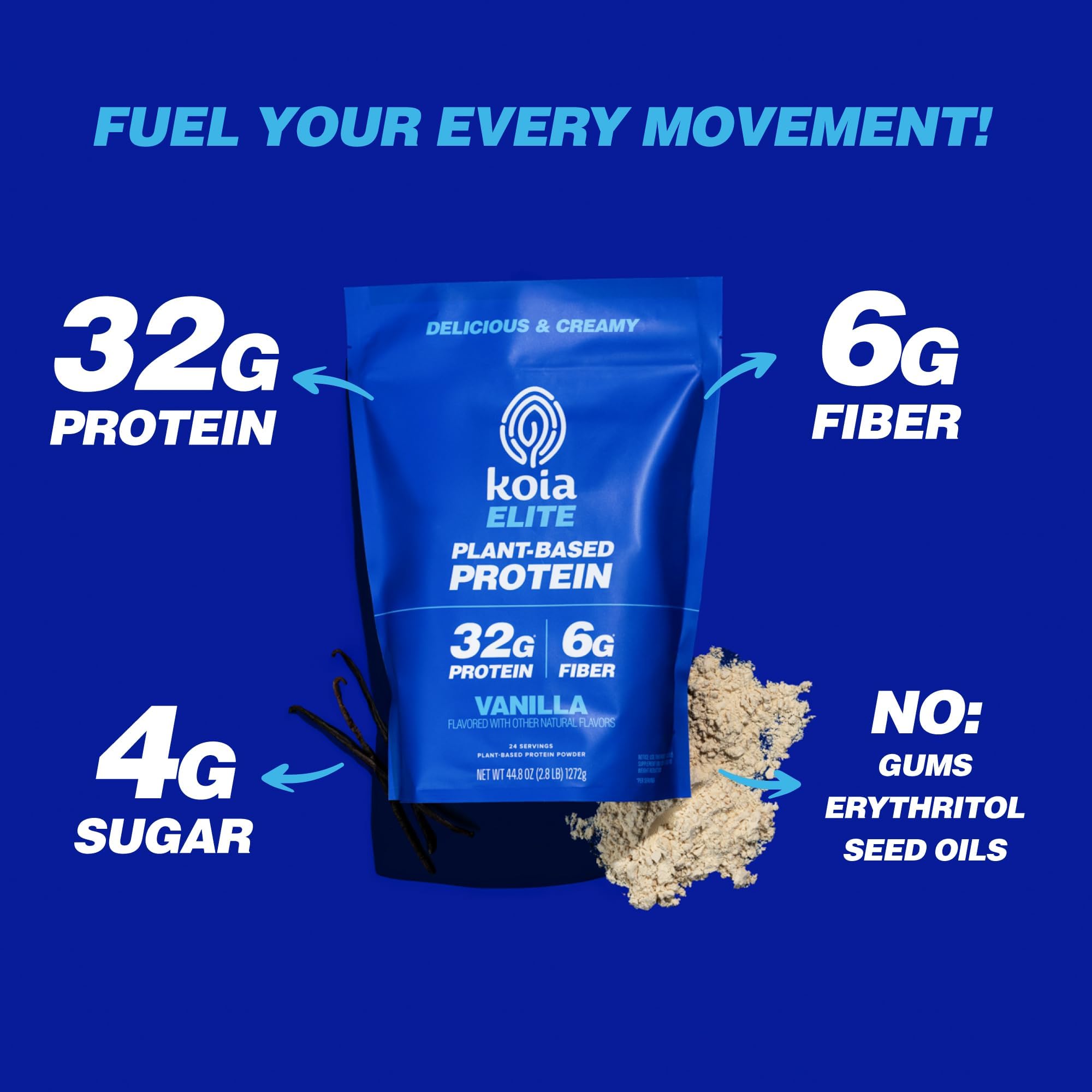Koia Plant Based Protein Elite Powder, Vanilla, 32g Protein, 4g Sugar, 6g Prebiotic Fiber, Pre & Post Workout, 21 Vitamins & Minerals, Dairy-Free, Gluten-Free, Non-GMO, 24 Servings, 44.8 Oz Koia uk supplements