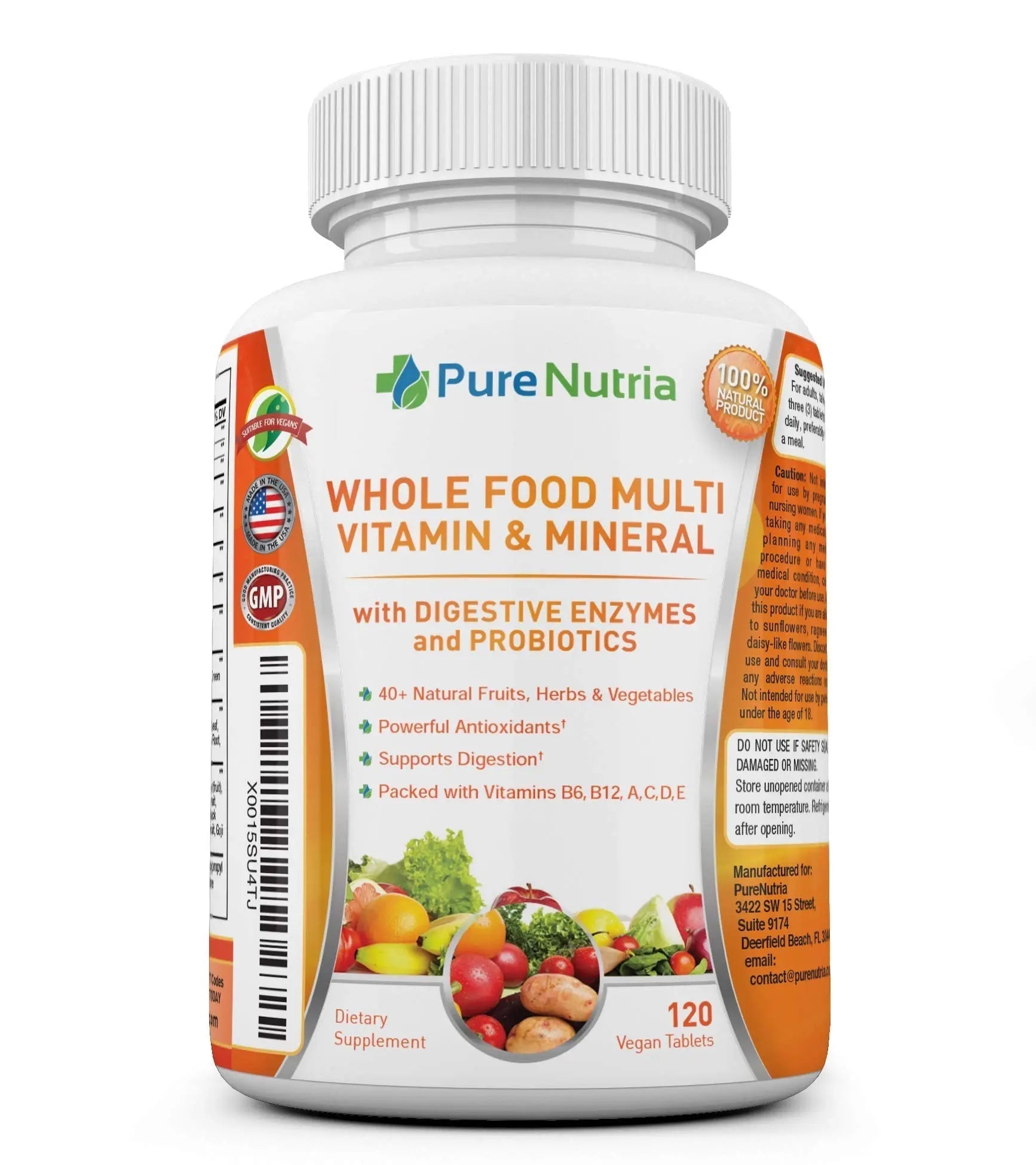Whole Food MultiVitamin and Minerals with Probiotic Enzymes - 120 Multivitamins for Women and Men - Packed with WholeFood and Herbal Ingredients PureNutria uk supplements