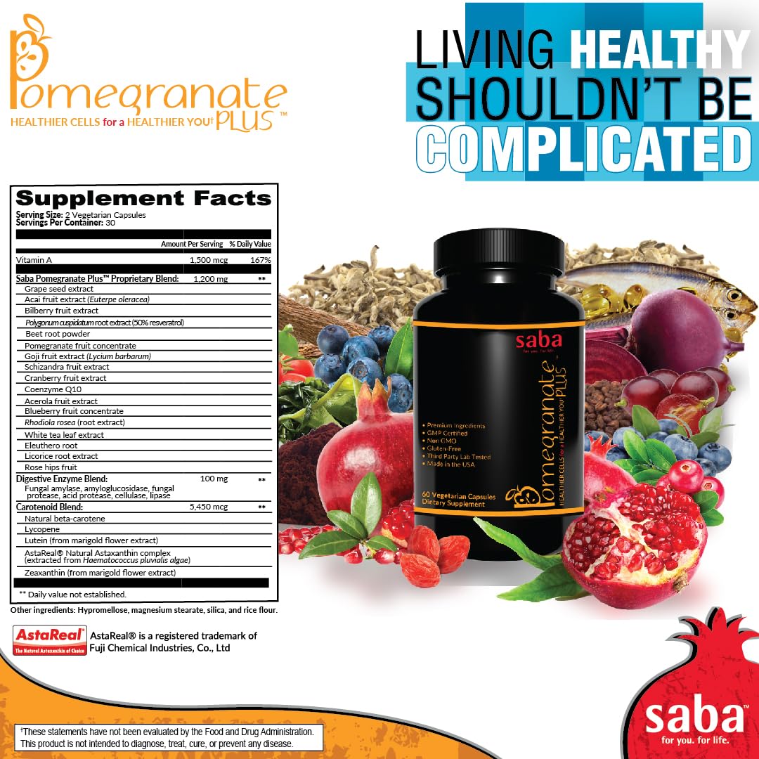 Saba Pomegranate Plus – Antioxidant Supplement with Astaxanthin & Adaptogens | Immune, Skin, Heart & Brain Support | Daily Stress & Cellular Wellness | 60 Capsules Saba uk supplements
