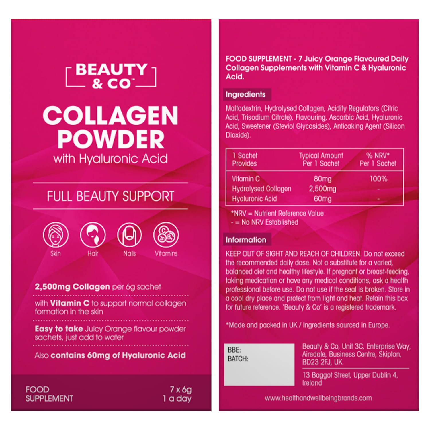 Collagen 2500mg Powder Supplement Boosted with Vitamin C and Hyaluronic Acid (Bovine) Beauty & Co uk supplements