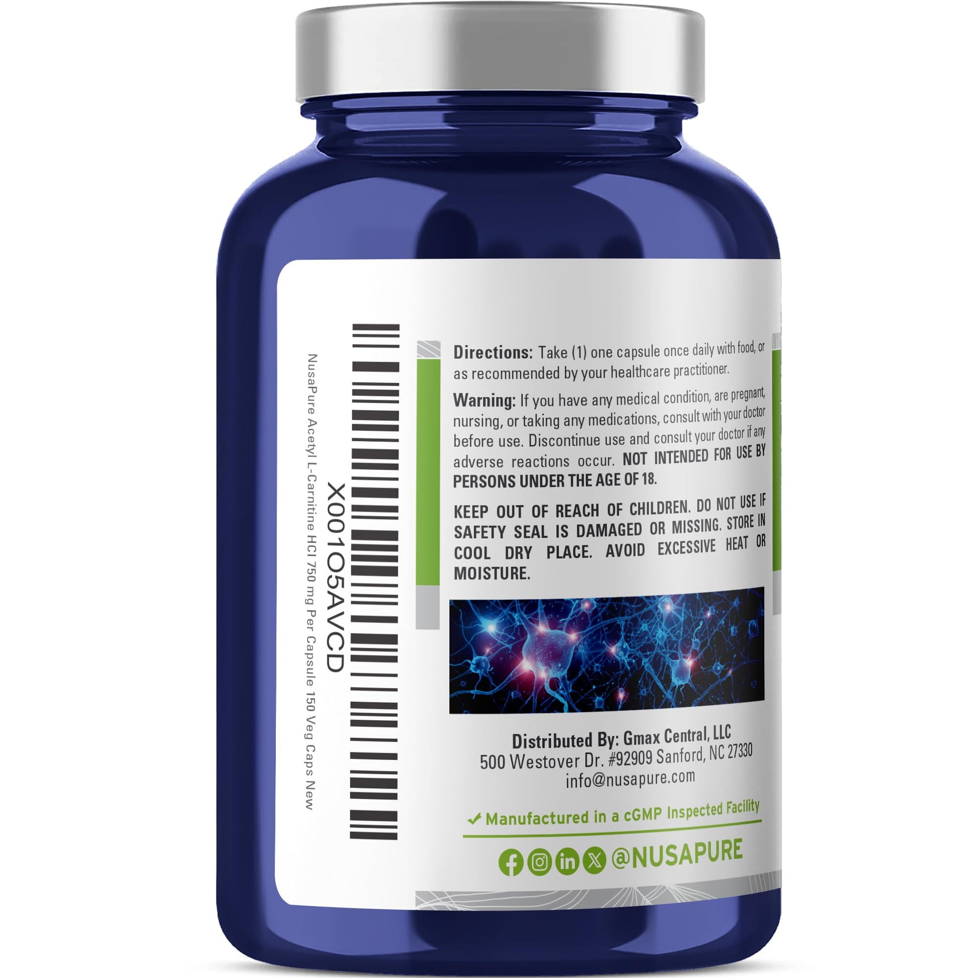 NusaPure Acetyl L-Carnitine 750mg per Caps 150 Veggie Capsules (Non-GMO, Vegan) High Potency Acetyl L Carnitine HCL (ALCAR) NusaPure uk supplements