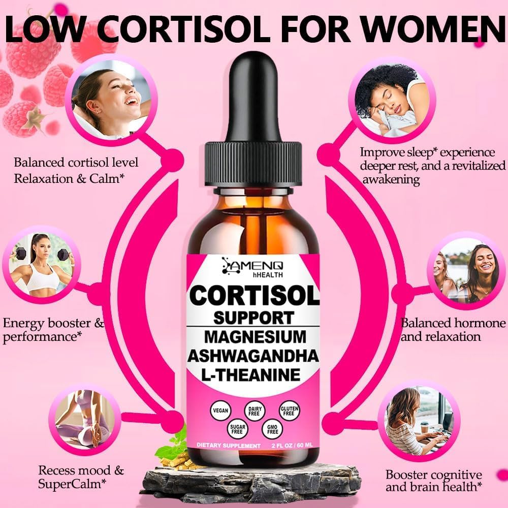 Cortisol Supplement Liquid Drops, 17-in-1 Cortisol Reducer w. Ksm-66 Ashwagandha Theanine Rhodiola Rosea Magnesium Phosphatidylserine, Hormone Balanced & Lower Cortisol for Women Calm* Relaxation AMENQ hHEALTH uk supplements
