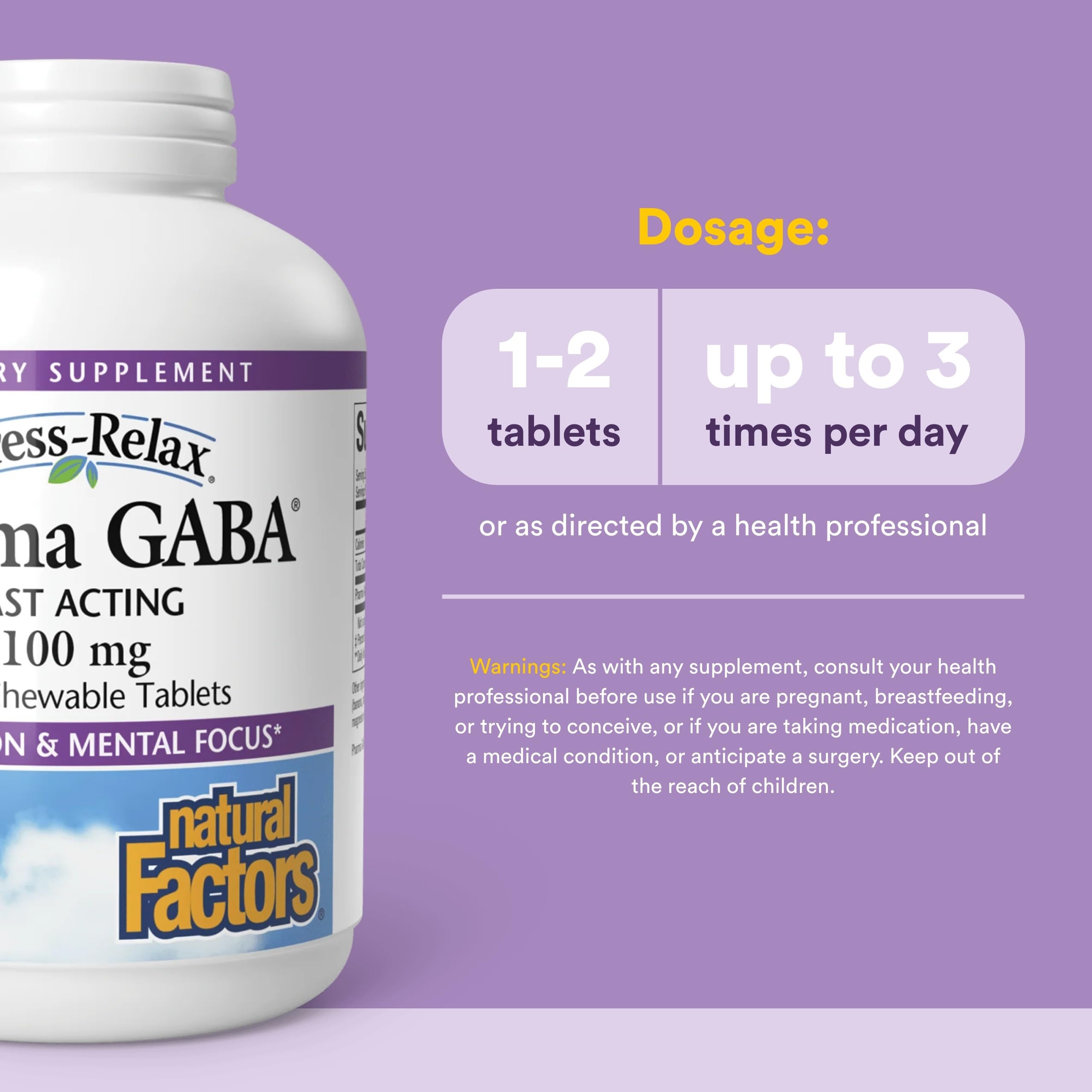 Natural Factors Pharma GABA - Dietary Supplement Supports Calm Sleep & Sleep Quality - Natural, Fast-Working Supplement Aids Focus & Brain Health - 120 Chewable Tablets (60 Servings) Natural Factors uk supplements