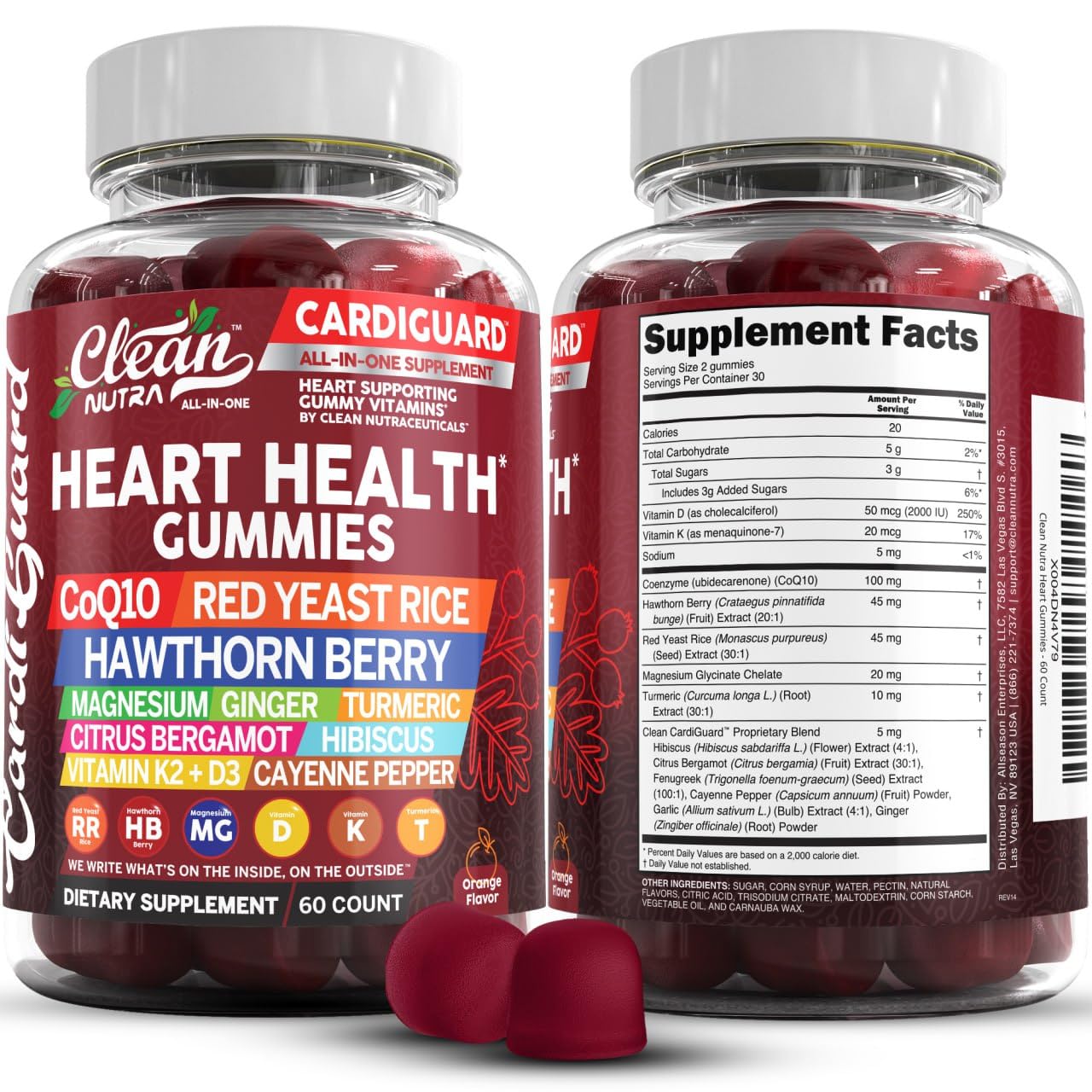 Clean Nutraceuticals Coq10 Gummies | Red Yeast Rice Hawthorn Berry Ginger Turmeric Citrus Bergamot Hibiscus Vitamin K2+D3 Magnesium Glycinate Cayenne Pepper Fenugreek Orange Flavor CardiGuard Clean Nutraceuticals uk supplements