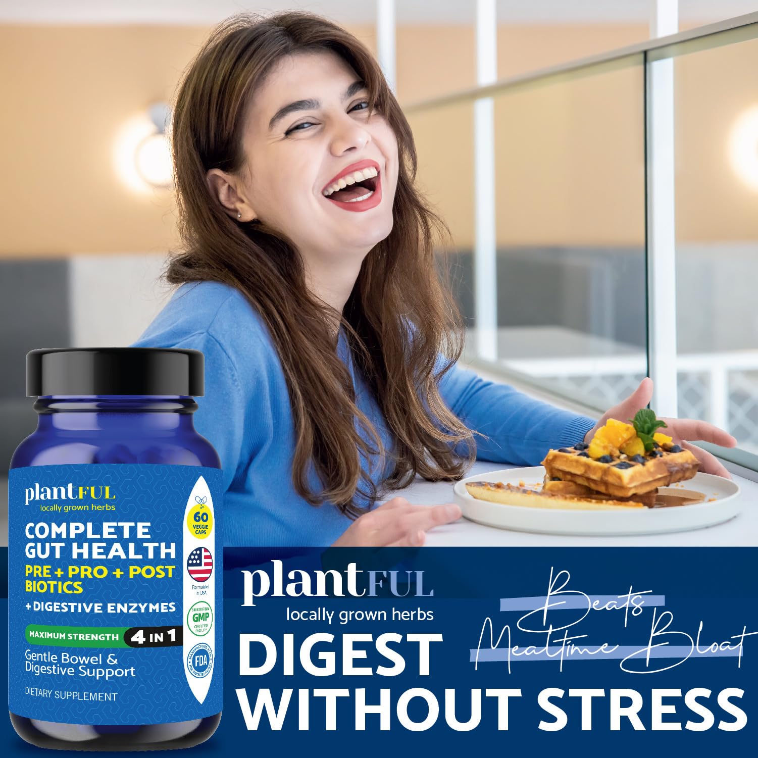 4-in-1 Pre Post Probiotics & Digestive Enzymes - Complete Gut Health & Digestive Support for Women & Men - Prebiotic Probiotic & Postbiotic Gas & Bloating Relief – 60 Non GMO Capsules PLANTFUL RESEARCH uk supplements