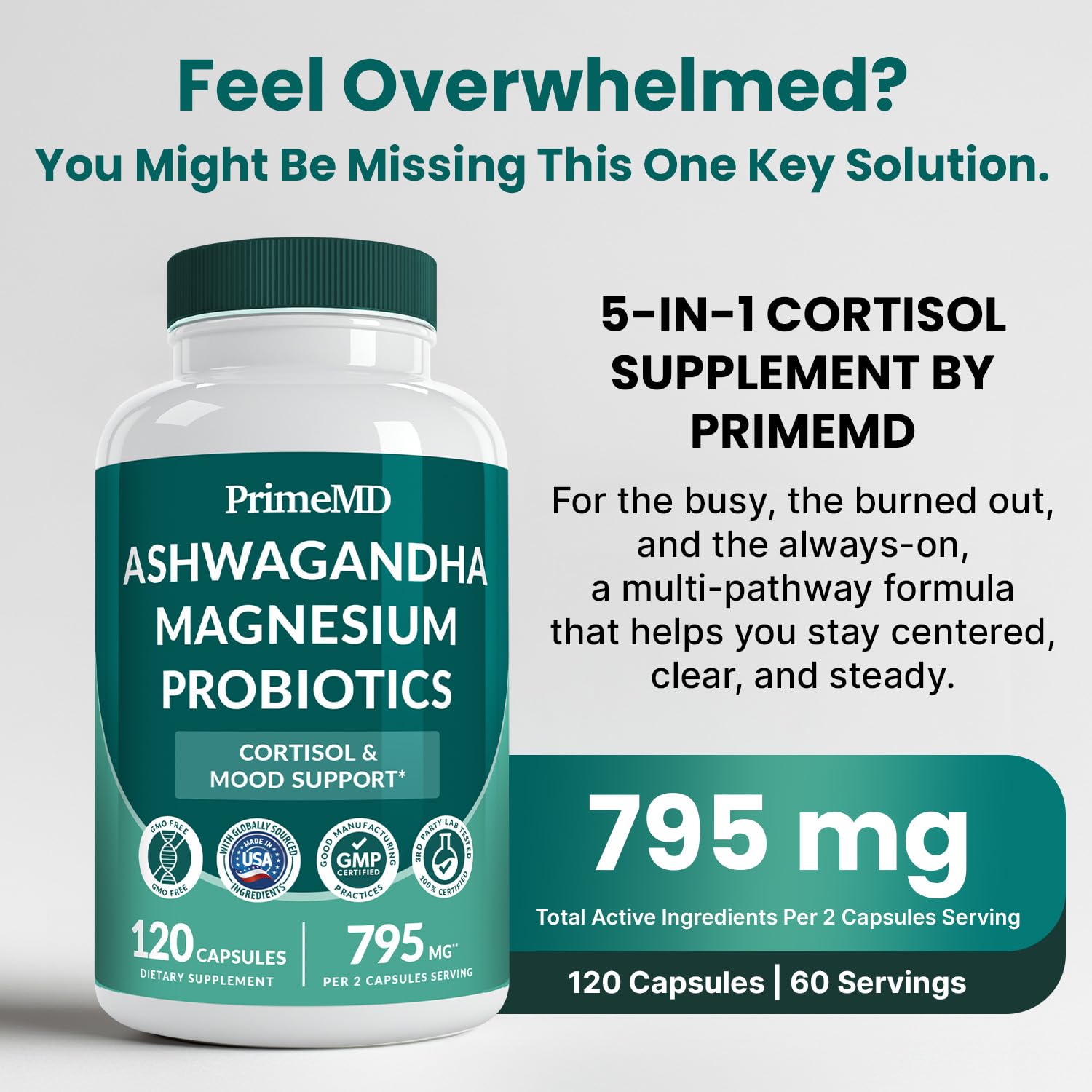 5-in-1 Cortisol Supplement for Women and Men with Ashwagandha for Calmness, Focus, and Adrenal Support Supplements with Shilajit Extract, Magnesium Glycinate, Probiotics (120 ct) (Pack of 1) PrimeMD uk supplements