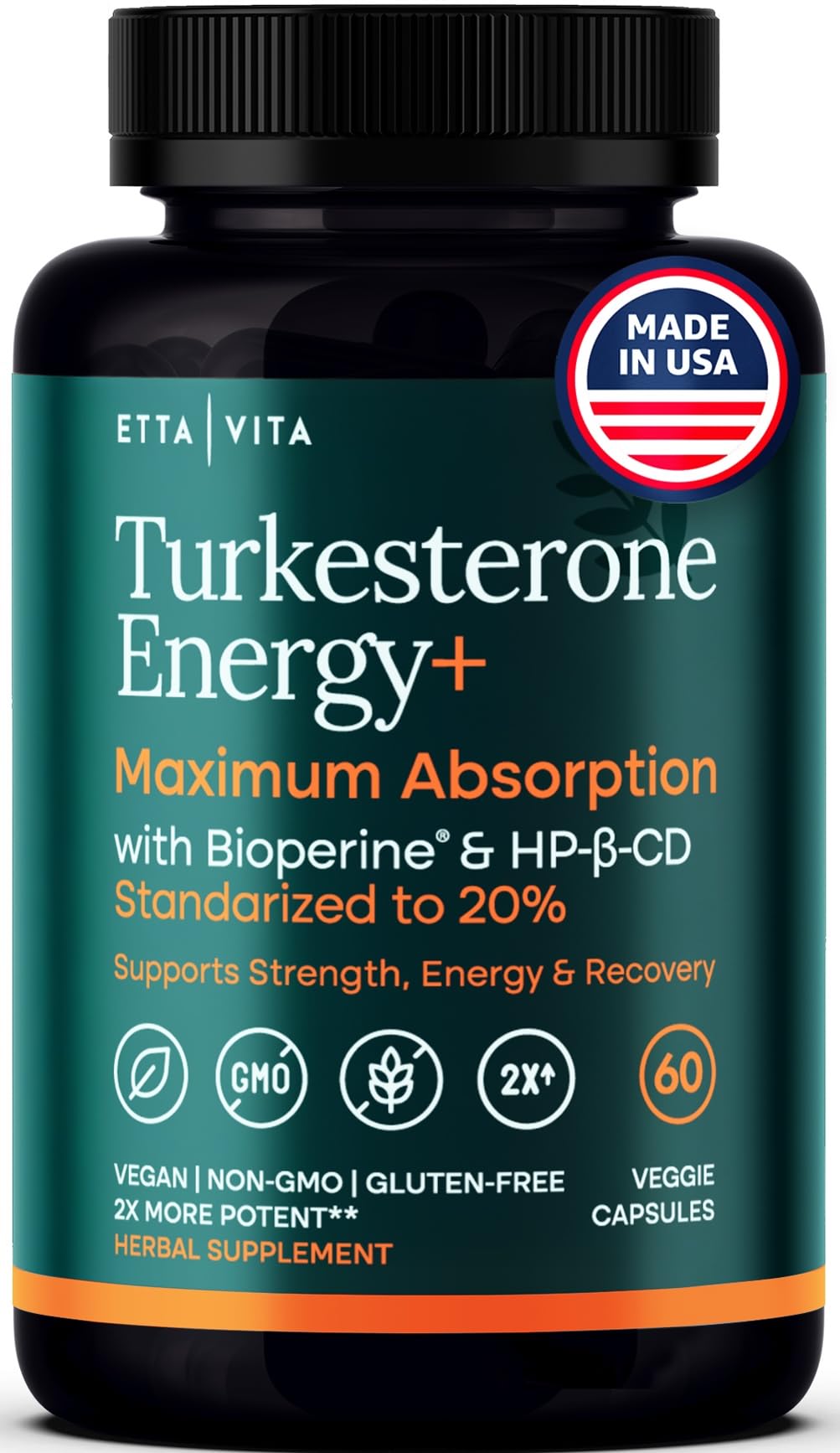 Potent Turkesterone Supplement, 2X Pure (Made in USA - 3rd Party Tested) Most Bioavailable and Natural Test Support Supplement, Supports Energy Lean Muscle Health, Recovery and Stamina, Vegan (60ct) Etta Vita uk supplements
