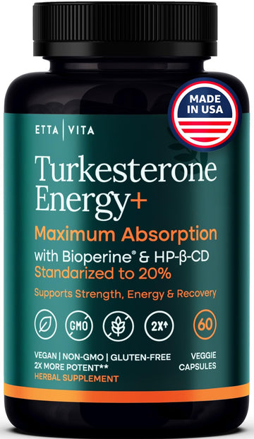 Potent Turkesterone Supplement, 2X Pure (Made in USA - 3rd Party Tested) Most Bioavailable and Natural Test Support Supplement, Supports Energy Lean Muscle Health, Recovery and Stamina, Vegan (60ct) Etta Vita uk supplements