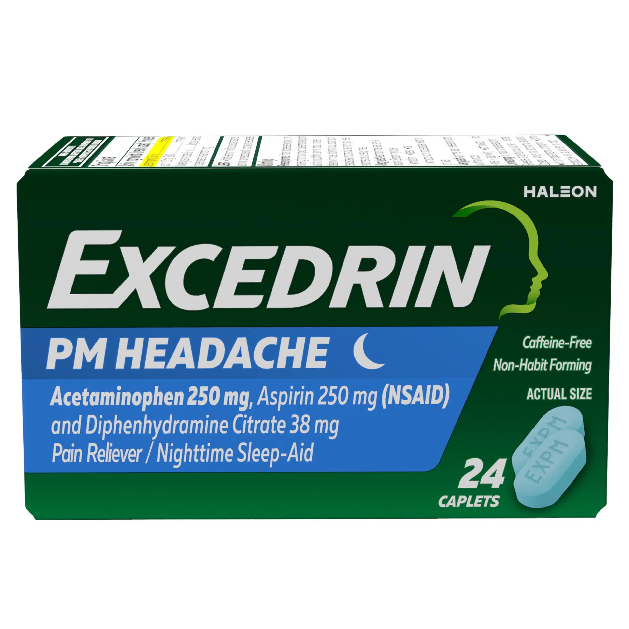 Excedrin PM for Headache Relief, Acetaminophen 250mg, Aspirin 250mg, Diphenhydramine Citrate 38mg, Pain Reliever, Nighttime Sleep-Aid, 24 Count Excedrin uk supplements