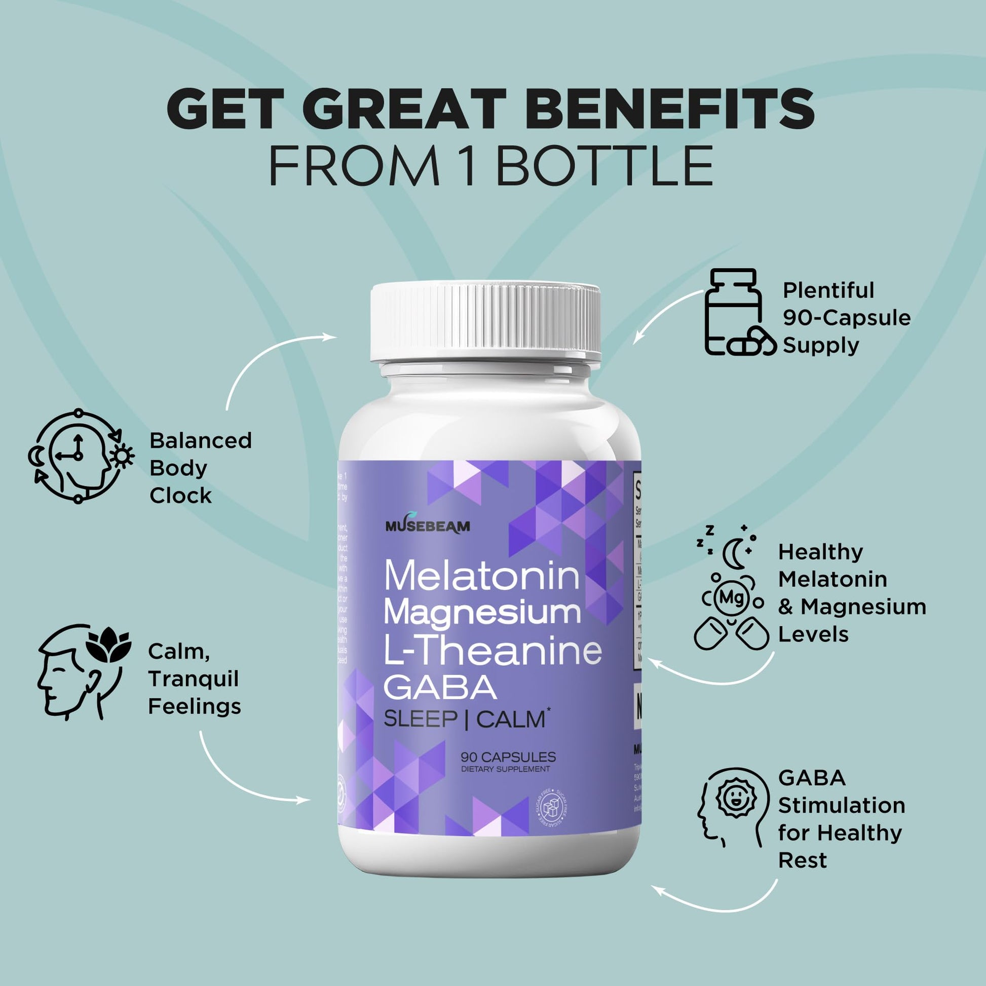 MuseBeam Magnesium Glycinate 275mg Melatonin 5mg L-Theanine 200mg GABA 100mg Capsules - Full Rest Nighttime Bedtime Support Supplement for Men Women - Vegan Sugar-Free Gluten-Free musebeam uk supplements