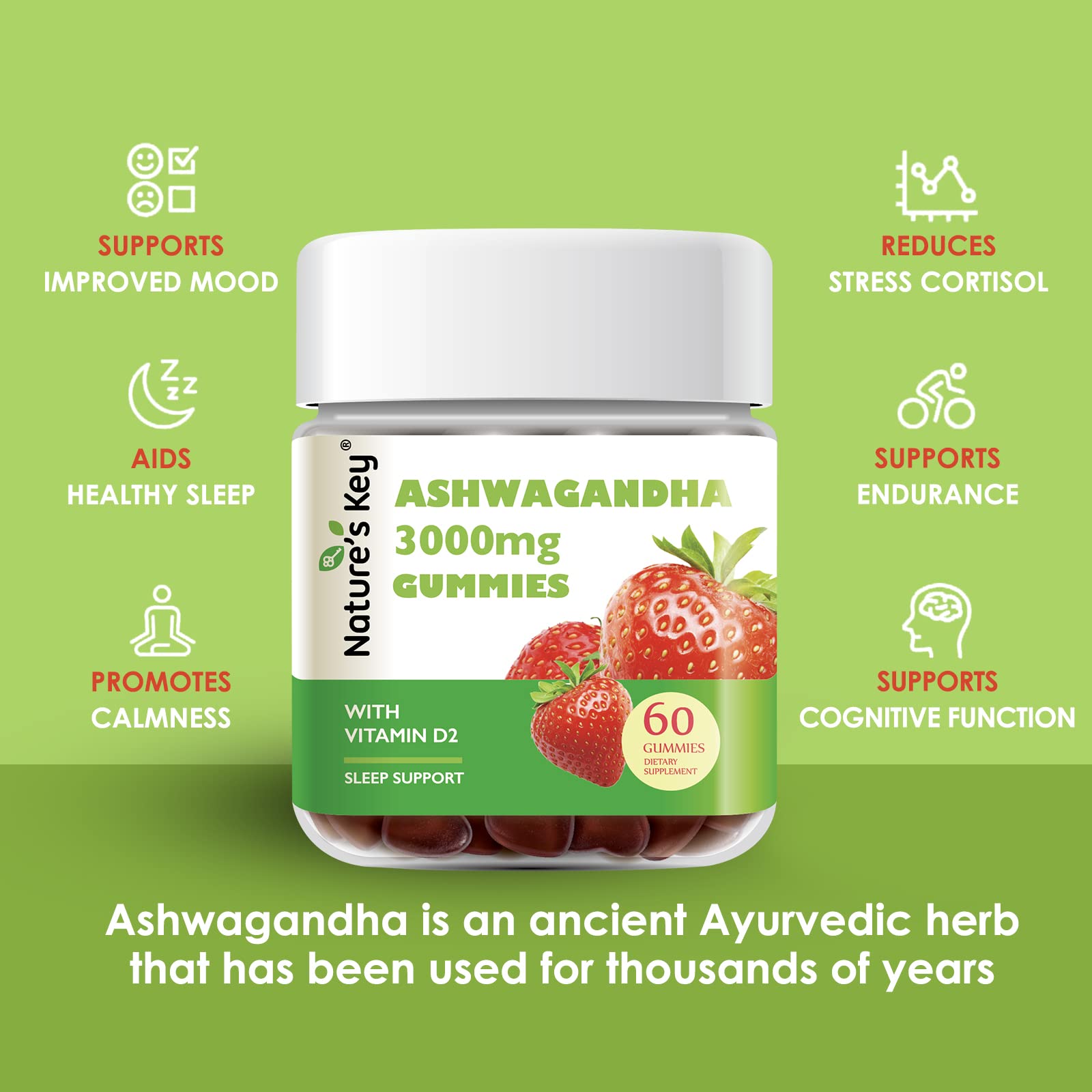 Nature's Key Ashwagandha Gummies, 3000mg High Potency Ashwagandha Root Extract with Vitamin D2, Stress, Calm Mood & Cognition, for Men & Women, Strawberry Flavor (60 Count (Pack of 1) Nature's Key uk supplements