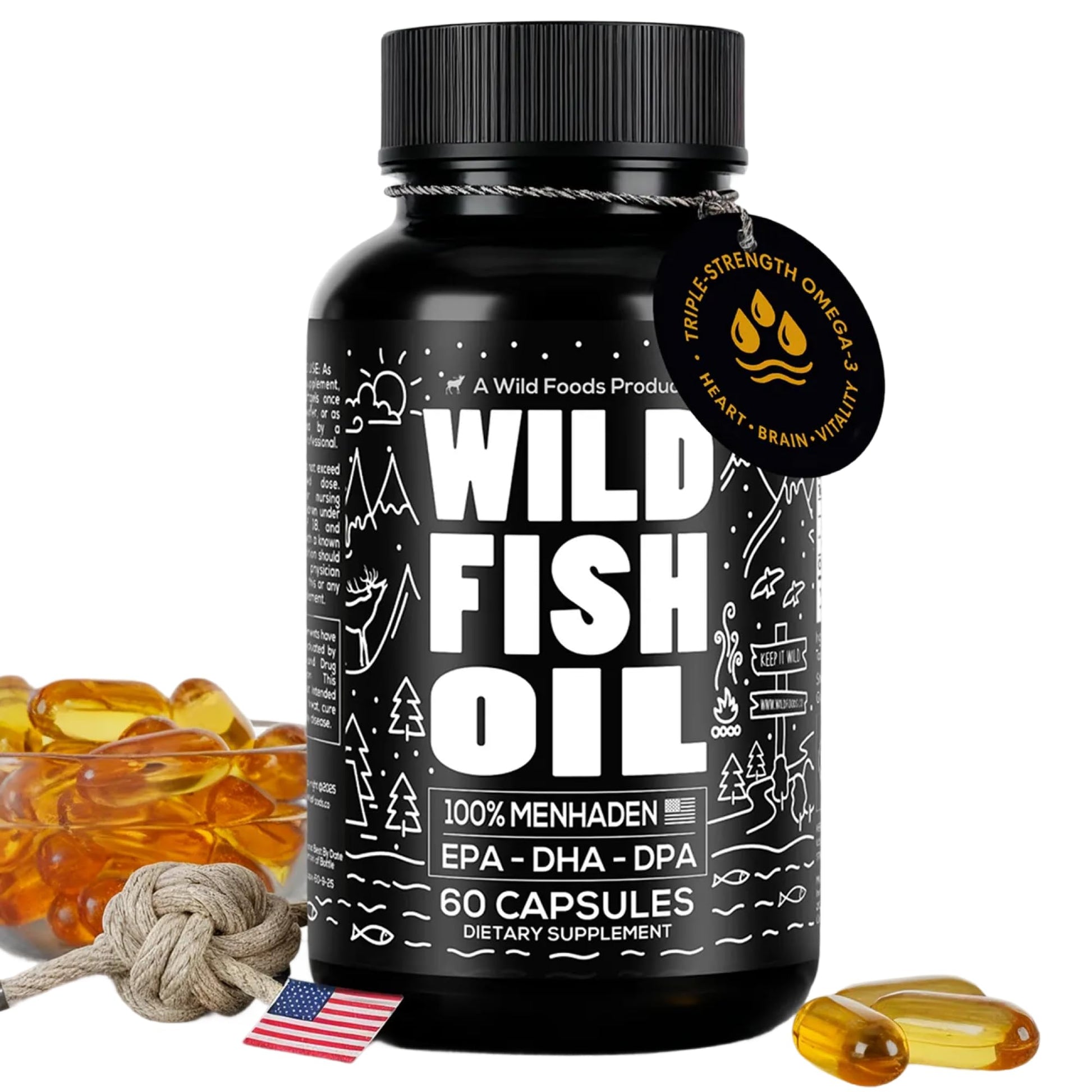 Wild Foods Fish Oil Omega 3 Supplements | 1600 mg | Highly-Potent: DPA, DHA, EPA | Burpless, Odorless, Non-GMO, Gluten Free | For Brain & Heart Health, Joint Support | 60 Capsules (1 pk) | 30 Servings Wild Foods uk supplements