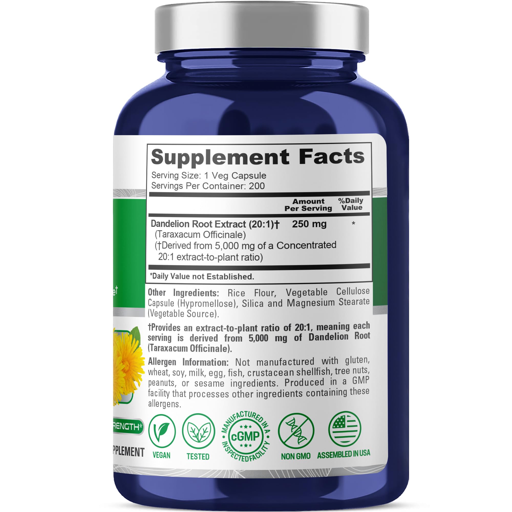 NusaPure Dandelion Root 20:1 Extract, 250 mg Equivalent to 5000mg 200 Veg Capsules (Vegan, Non-GMO) NusaPure uk supplements
