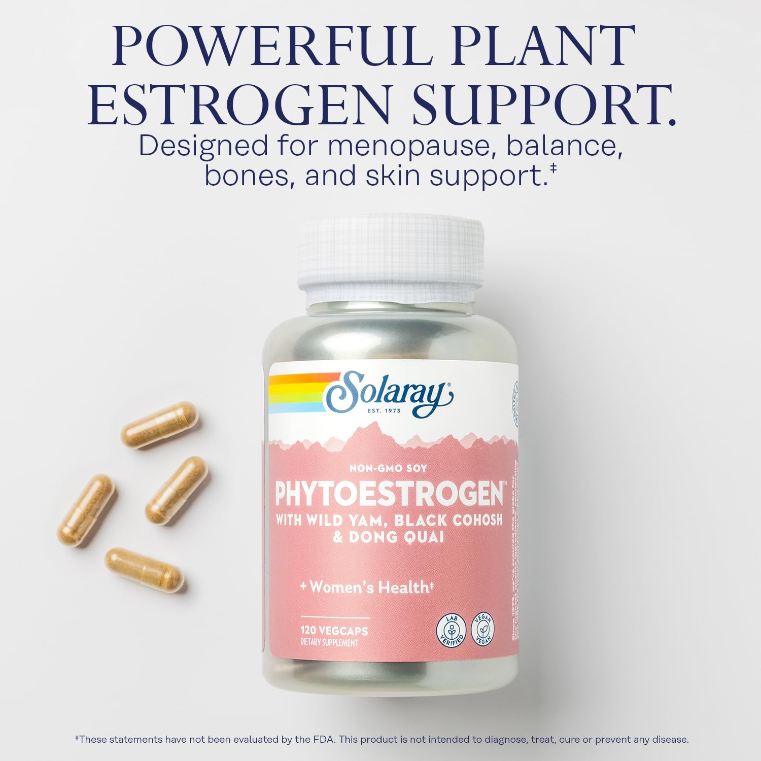 SOLARAY PhytoEstrogen Menopause Supplements - Wild Yam, Black Cohosh, and Dong Quai Estrogen Pills for Women's Health - Vegan, Lab Verified, 60-Day Guarantee (30 Servings, 120 VegCaps) SOLARAY uk supplements