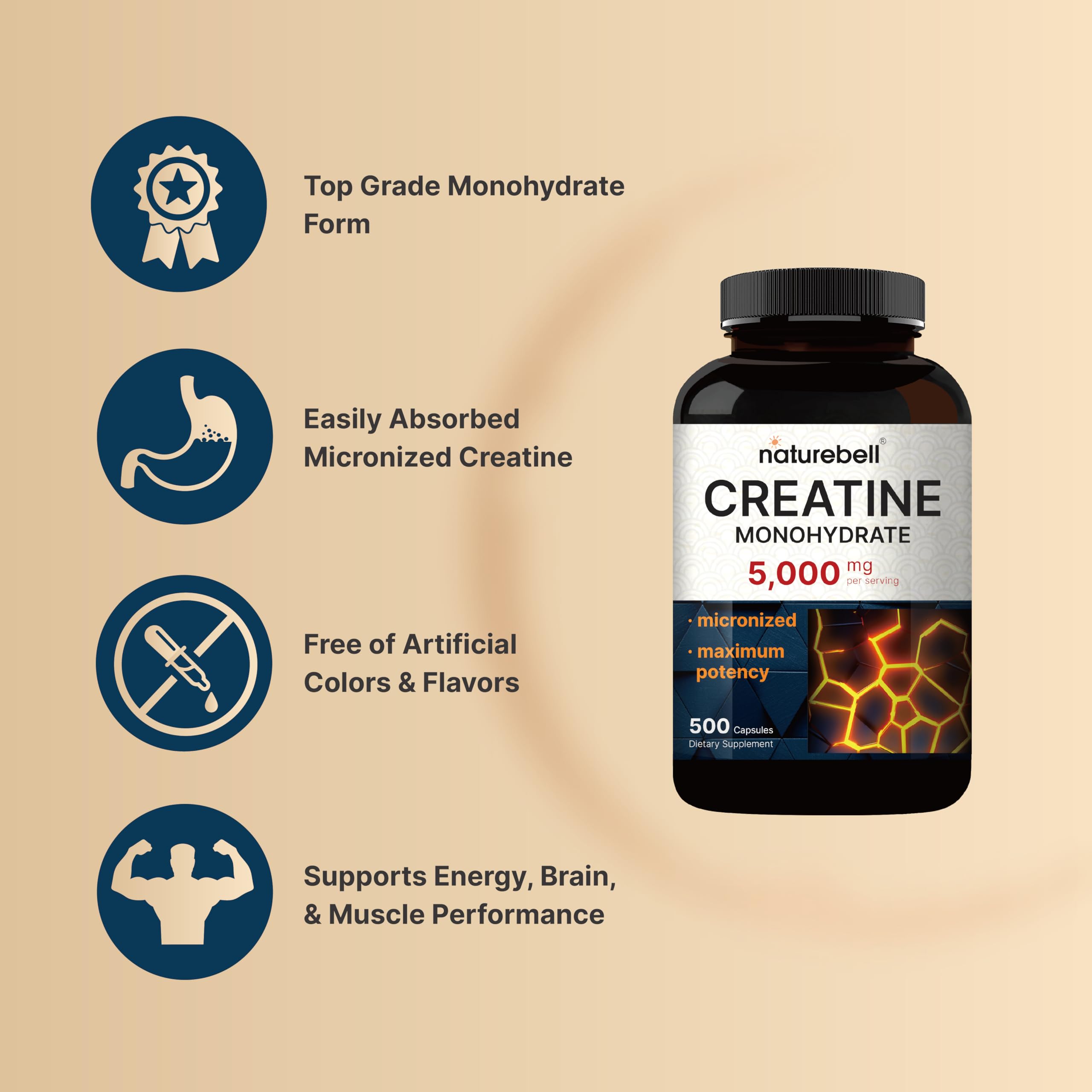 NatureBell Creatine Monohydrate Capsules 5,000mg Per Serving, 500 Count | Micronized, Unflavored Creatine Pills | Pre-Workout & Muscle Strength Support NatureBell uk supplements