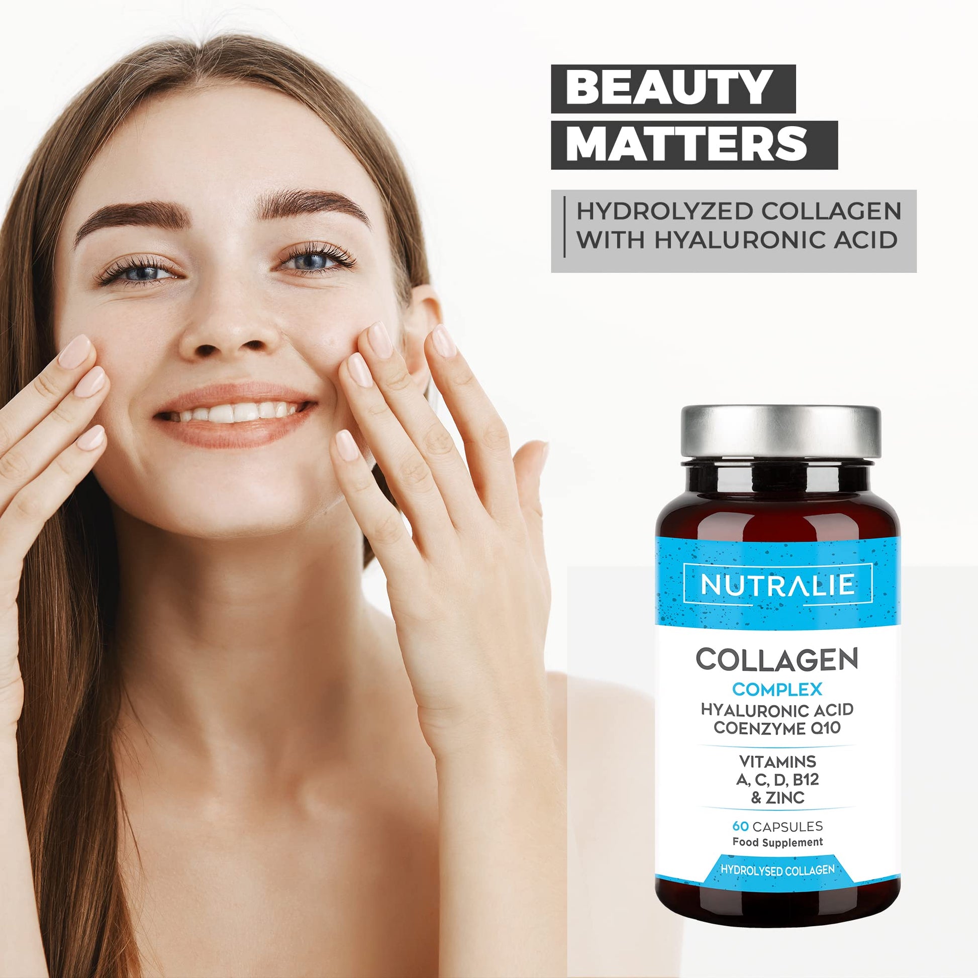 Collagen + Hyaluronic Acid + Q10 Hydrolysed Collagen Women Men + Vitamins A C D B12 Zinc NUTRALIE uk supplements