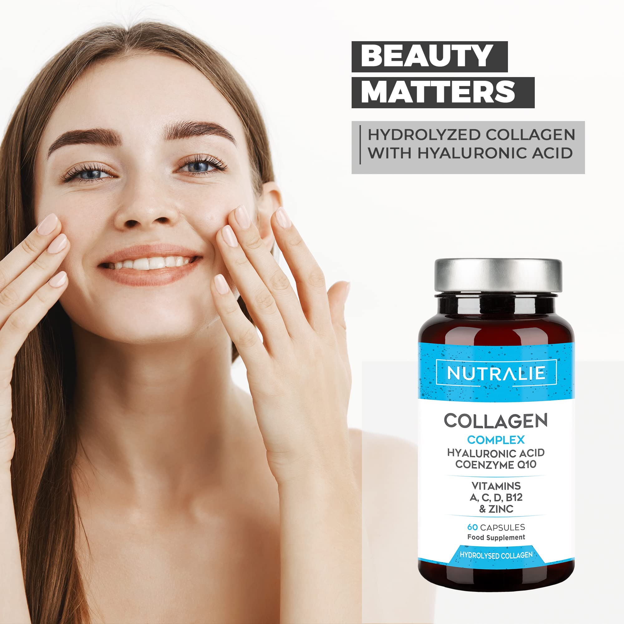 Collagen + Hyaluronic Acid + Q10 Hydrolysed Collagen Women Men + Vitamins A C D B12 Zinc NUTRALIE uk supplements