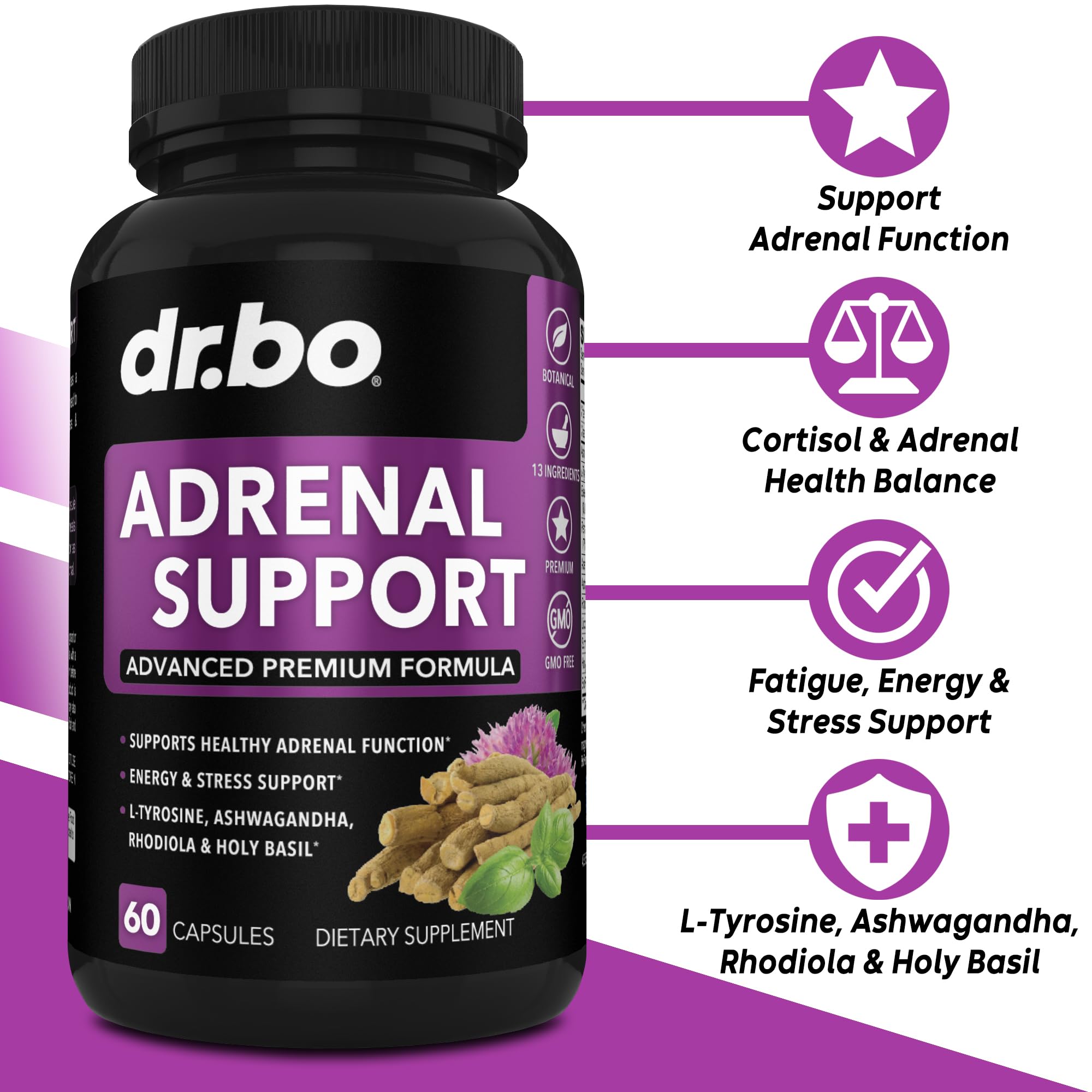 Adrenal Support Cortisol Manager Supplement - Adrenal Fatigue Supplements for Women & Men with Natural Adaptogen Ashwagandha Holy Basil Rhodiola L Tyrosine Complex Fatigue Cortisol Health - 60 Pills DR. BO uk supplements
