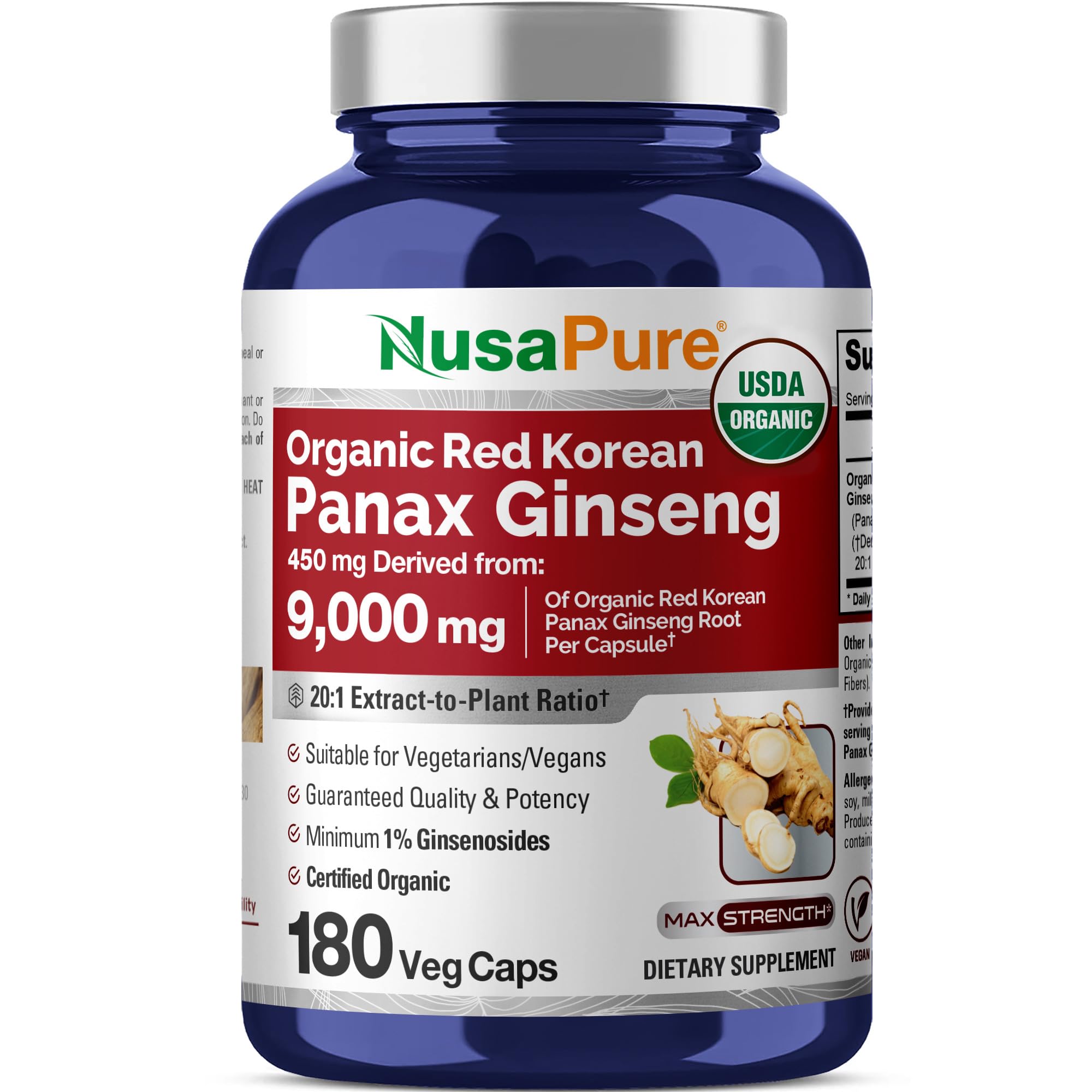 NusaPure Red Korean Panax Ginseng 20:1 Extract, 450 mg Equivalent to 9,000 mg 180 Veggie Caps (USDA Organic, Non-GMO, Vegan, Vegetarian, Bioperine) NusaPure uk supplements