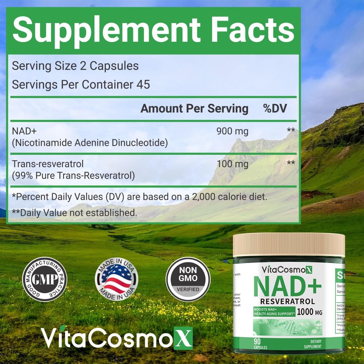 VitaCosmoX NAD+ with Resveratrol Similar to Nicotinamide Riboside Supplement, 1000 mg, 90 Capsules Vegan Non-GMO VitaCosmoX uk supplements