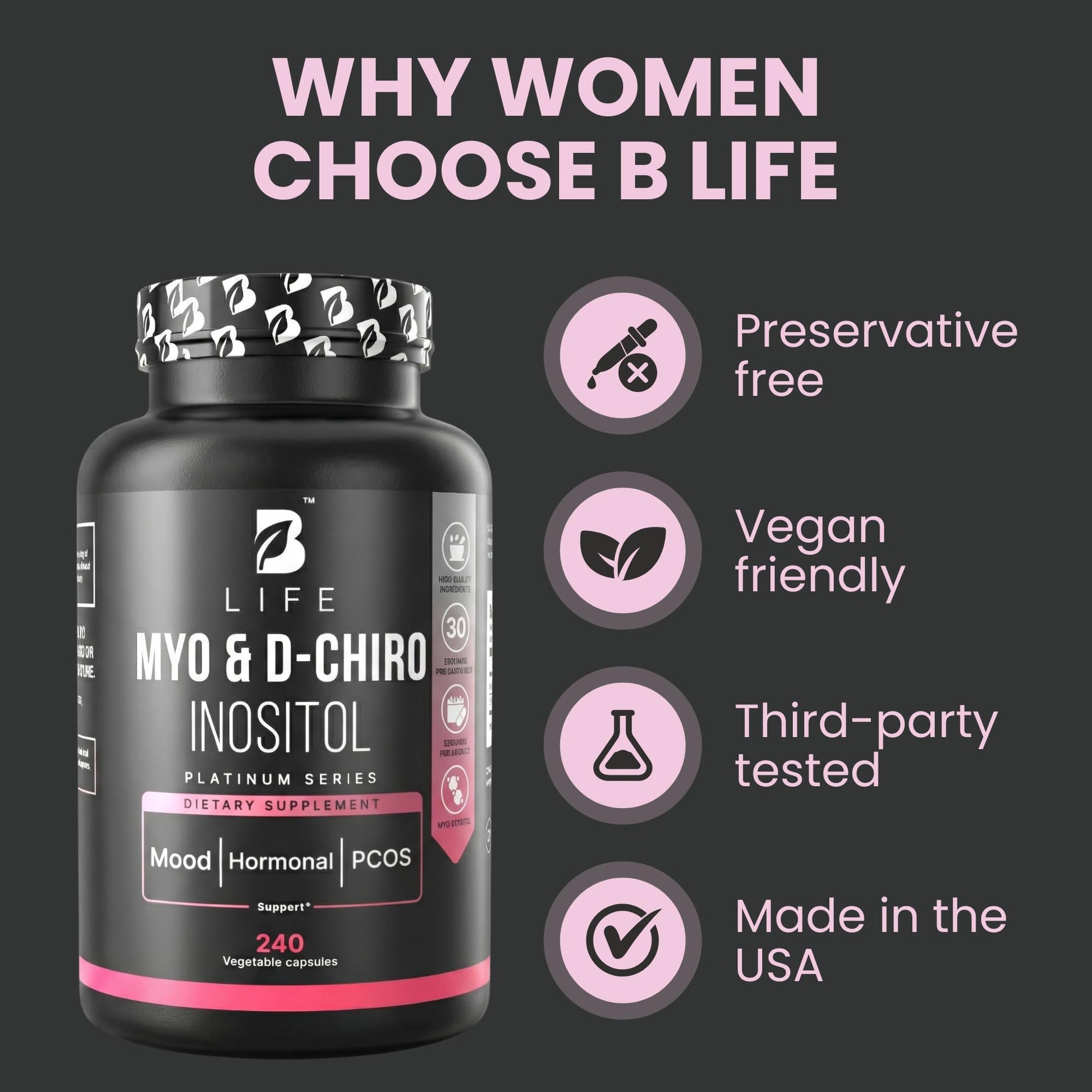 B Life Company Myo-Inositol & D-Chiro Inositol 40:1 for Women | I Inositol Supplement for Women | Hormone Balance, Fertility & Cycle | Vitamin B8, Insulin & Flo Ovarian Support | 240 Caps B Life Company uk supplements
