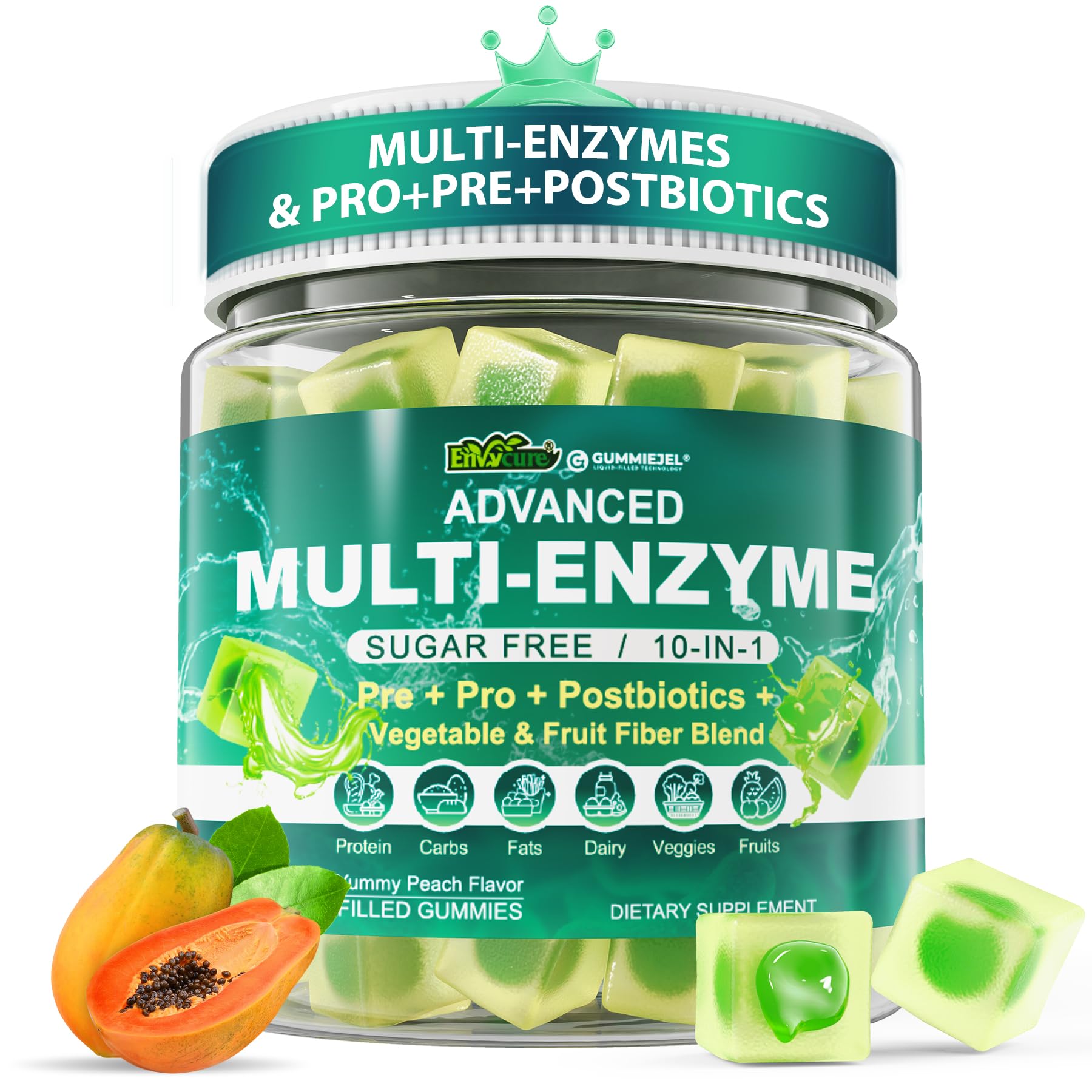 Digestive Enzymes Gummies for Women & Men, Multi-Enzymes with 90Billion CFU Probiotics and Prebiotics & Postbiotic, Vegetable & Fruit Fiber Blend, Super Enzymes for Digestive & Gut Health,Immune,60Cts EnvyCure uk supplements