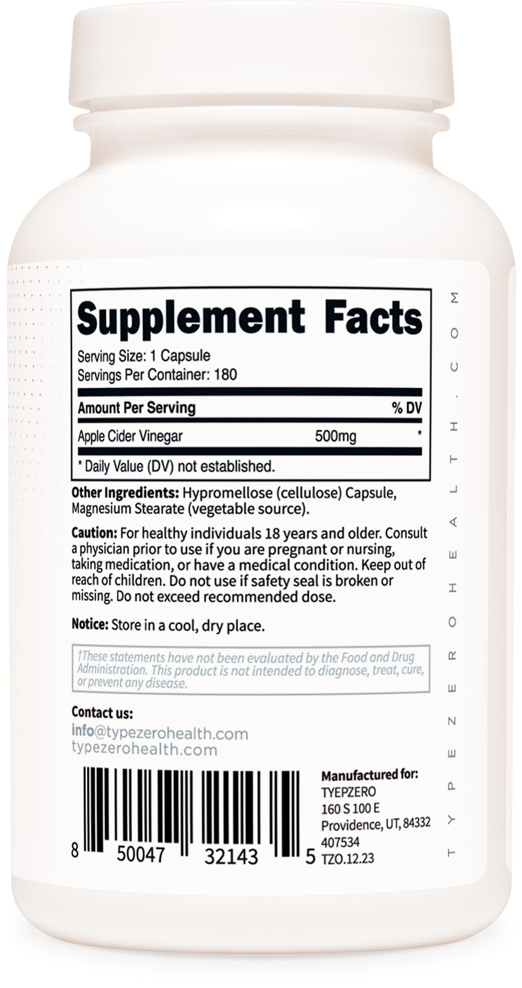 Type Zero Apple Cider Vinegar Capsules (180 Count) 500mg Per Serving - Non-GMO, Gluten-Free Supplement Type Zero uk supplements