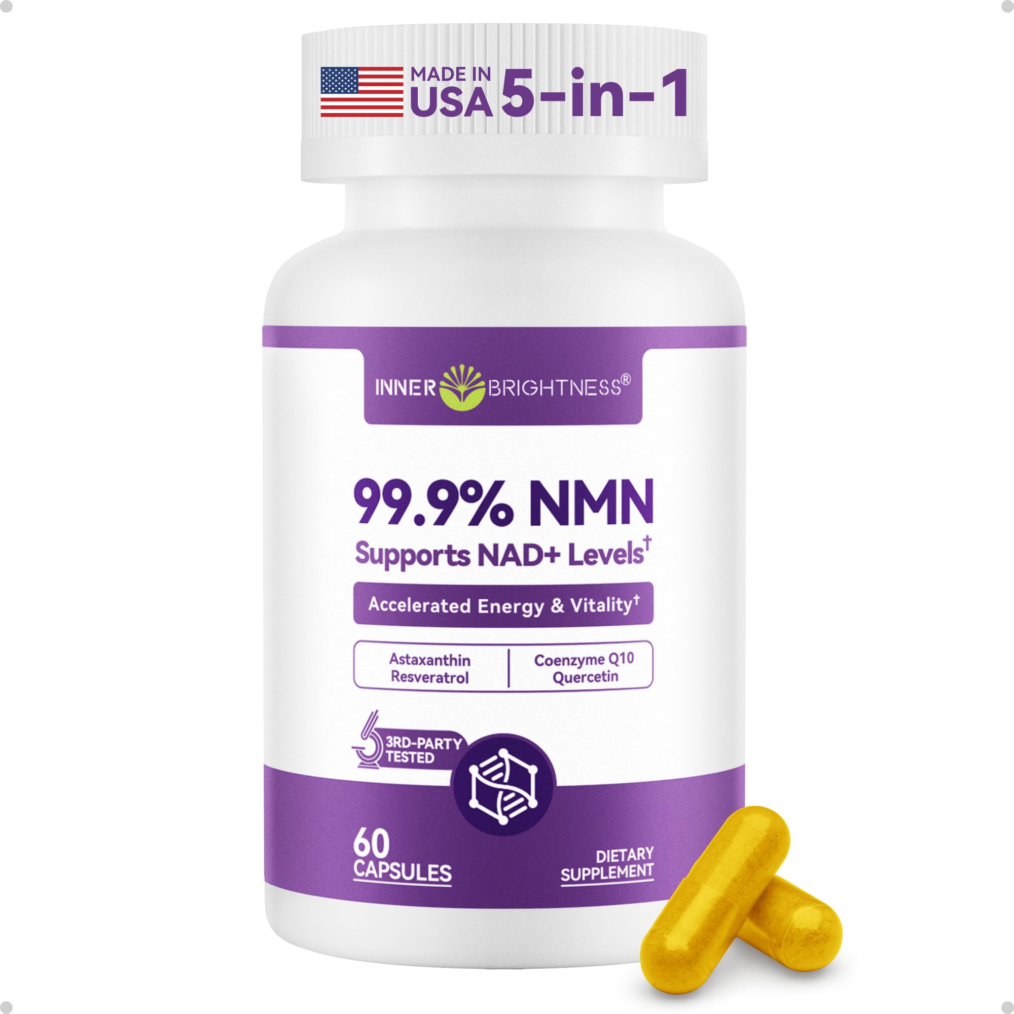 Inner Brightness NMN Supplement 500mg, 99.9% High Purity, Supports NAD+ Levels & Cellular Energy, 5-in-1 Formula with Resveratrol & Astaxanthin, Non-GMO, Gluten-Free, 60 Capsules Inner Brightness uk supplements