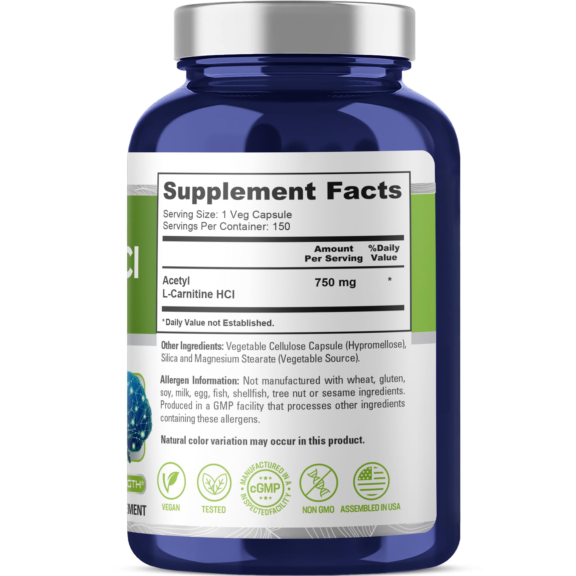 NusaPure Acetyl L-Carnitine 750mg per Caps 150 Veggie Capsules (Non-GMO, Vegan) High Potency Acetyl L Carnitine HCL (ALCAR) NusaPure uk supplements