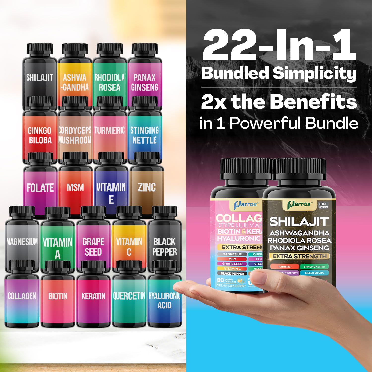 Parrox Adaptogen & Beauty Bundle – Rhodiola, Panax Ginseng, Ashwagandha, Cordyceps, Turmeric, Collagen, Biotin, Keratin, MSM, Hyaluronic Acid, Zinc, Quercetin, Vitamin C, A & E, Folate, Magnesium Parrox uk supplements