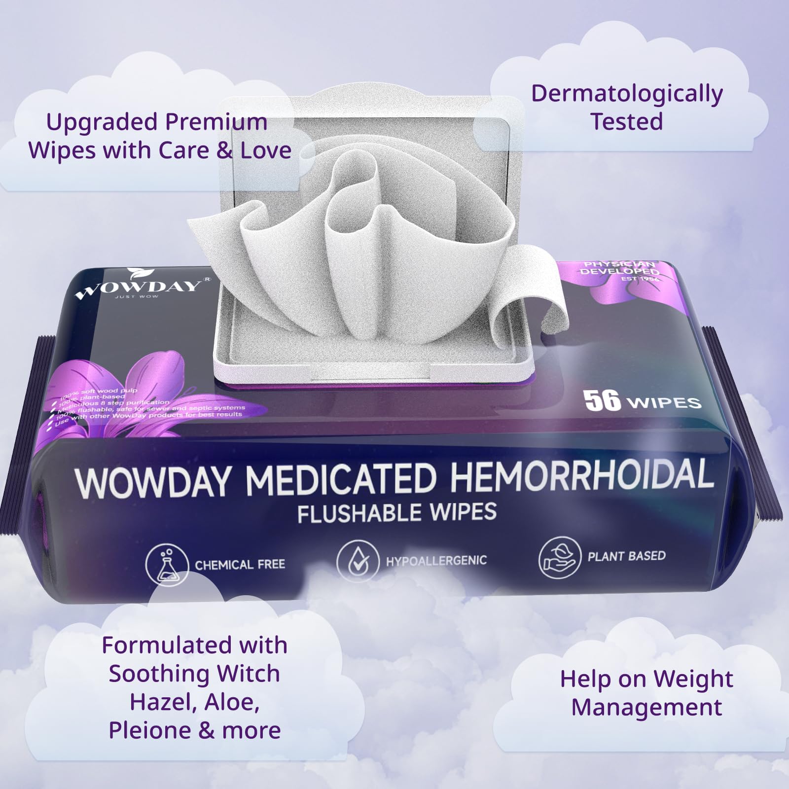 Wowday Flushable Hemorrhoid Wipes | Maximum Strength Witch Hazel Wipes | 56 Count Fragrance Free Adult Hemorrhoids Medicated Witch Hazels Wipe for Butt Hemorrhoidal Itch WowDay uk supplements