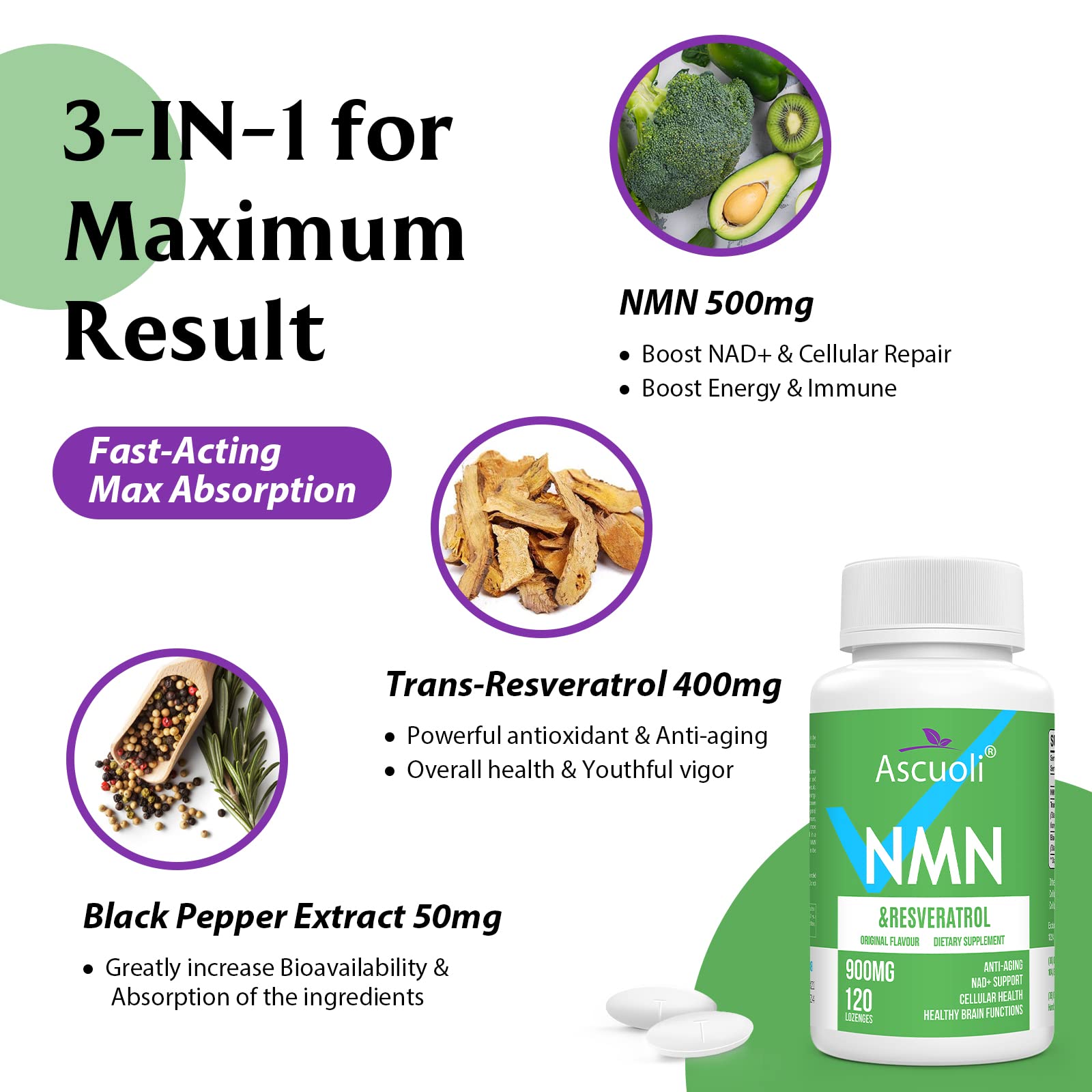 Sublingual NMN 500mg + Trans-Resveratrol 400mg, 3-in-1 Advanced Formula 99% Pure NMN Resveratrol Supplement for Boost* NAD, Cell, Immune, Energy & Muscle, Anti-Aging, 120 Lozenges (120-Day Supply) Ascuoli uk supplements