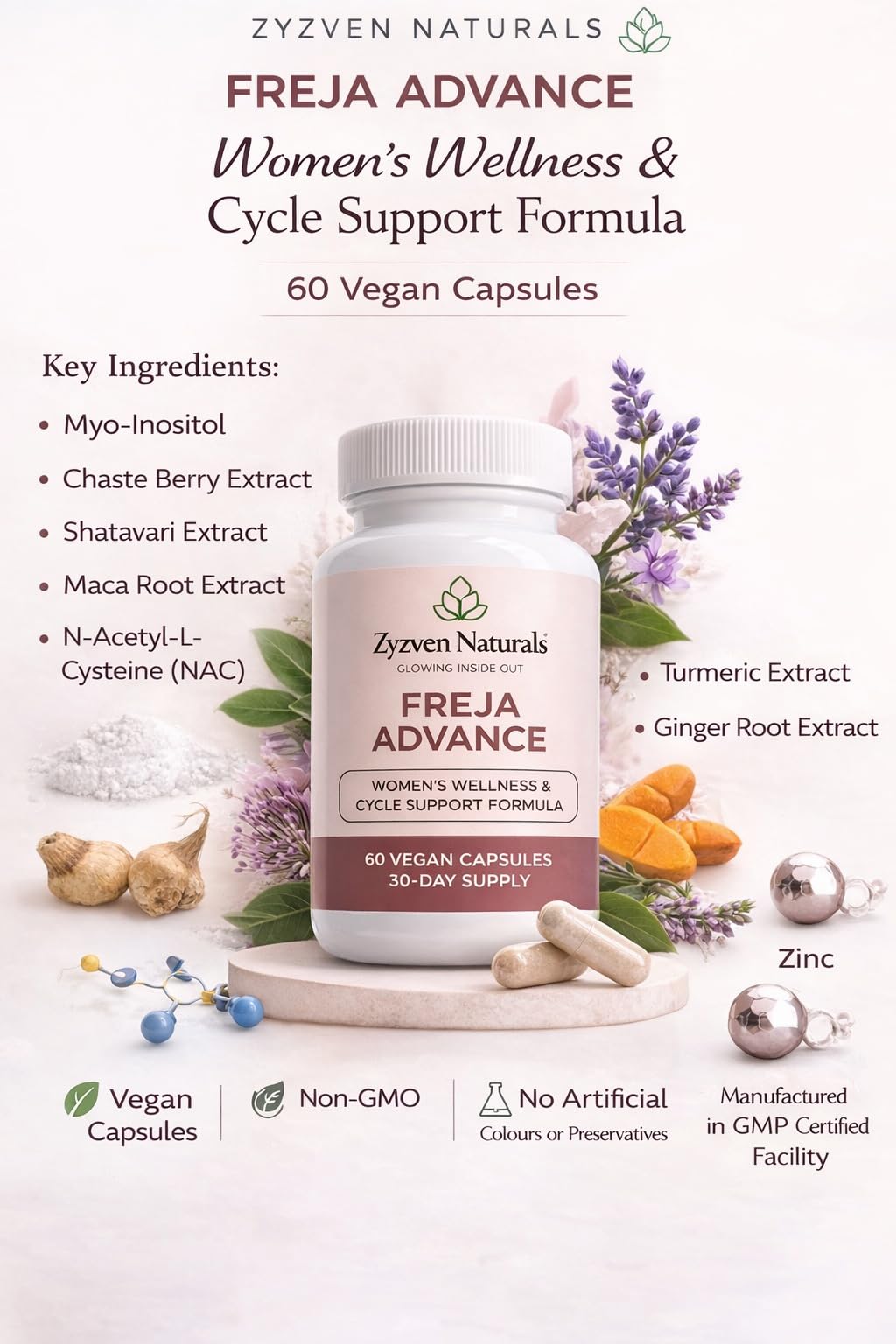 Zyzven Naturals Freja Advance – Women’s Wellness & Cycle Support Supplement – Myo-Inositol, Maca, Vitex, Shatavari, NAC, Zinc & Chromium – 60 Vegan Capsules – 30 Day Supply Zyzven Naturals uk supplements