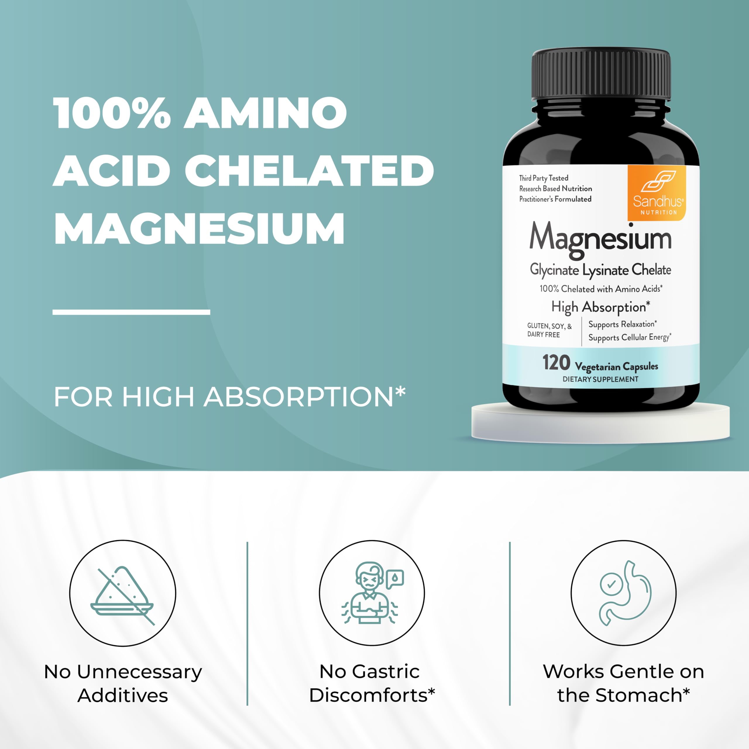 Sandhu's Magnesium Glycinate Lysinate | 120 Easy to Swallow Chelated Vegan Capsules | Magnesium Lysine Chelate Supplement for High Absorption | for Best Sleep, Leg Cramps, Relaxation Sandhu's uk supplements
