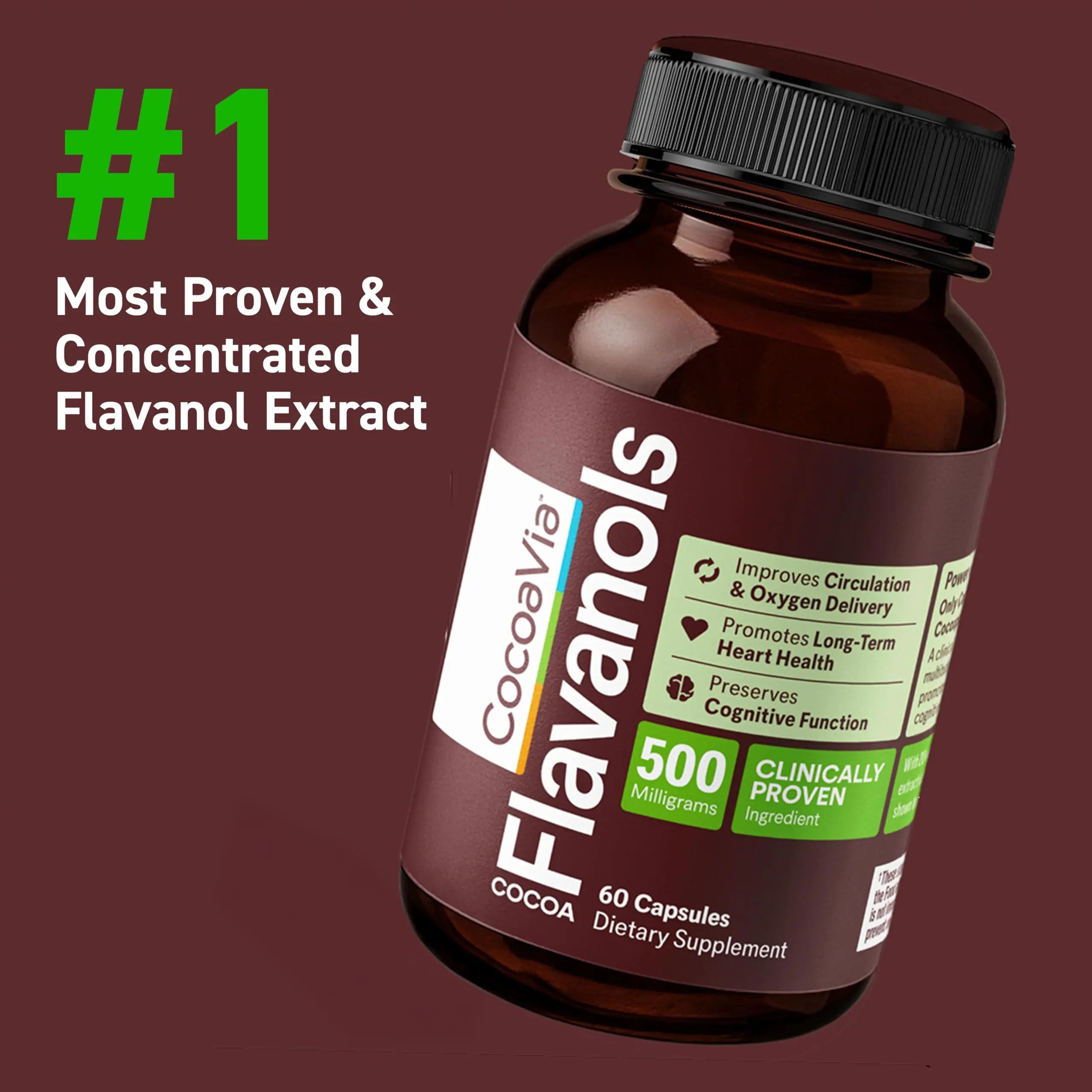 CocoaVia Cocoa Flavanols 500mg – Heart & Brain Support Supplement, High Flavanol Cocoa, Blood Circulation & Memory Booster, Nitric Oxide, Energy & Oxygen Boost, Vegan, Gluten-Free, 60 Capsules CocoaVia uk supplements