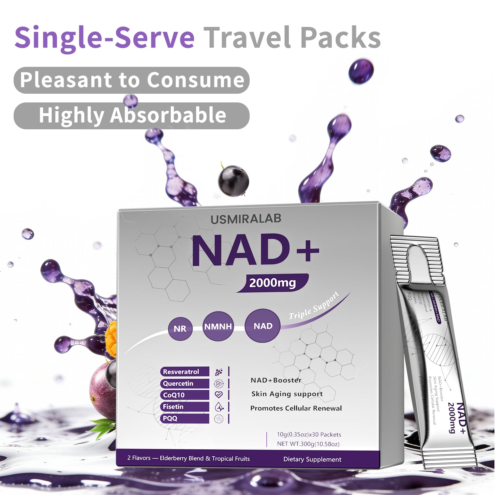 NAD+ Supplement Packets | 1000mg Liquid | Advanced Nicotinamide Riboside, Trans-Resveratrol, PQQ & Quercetin Complex for Cellular Energy & Healthy Aging Support - 2 Flavors (30 Count) USMIRALAB uk supplements