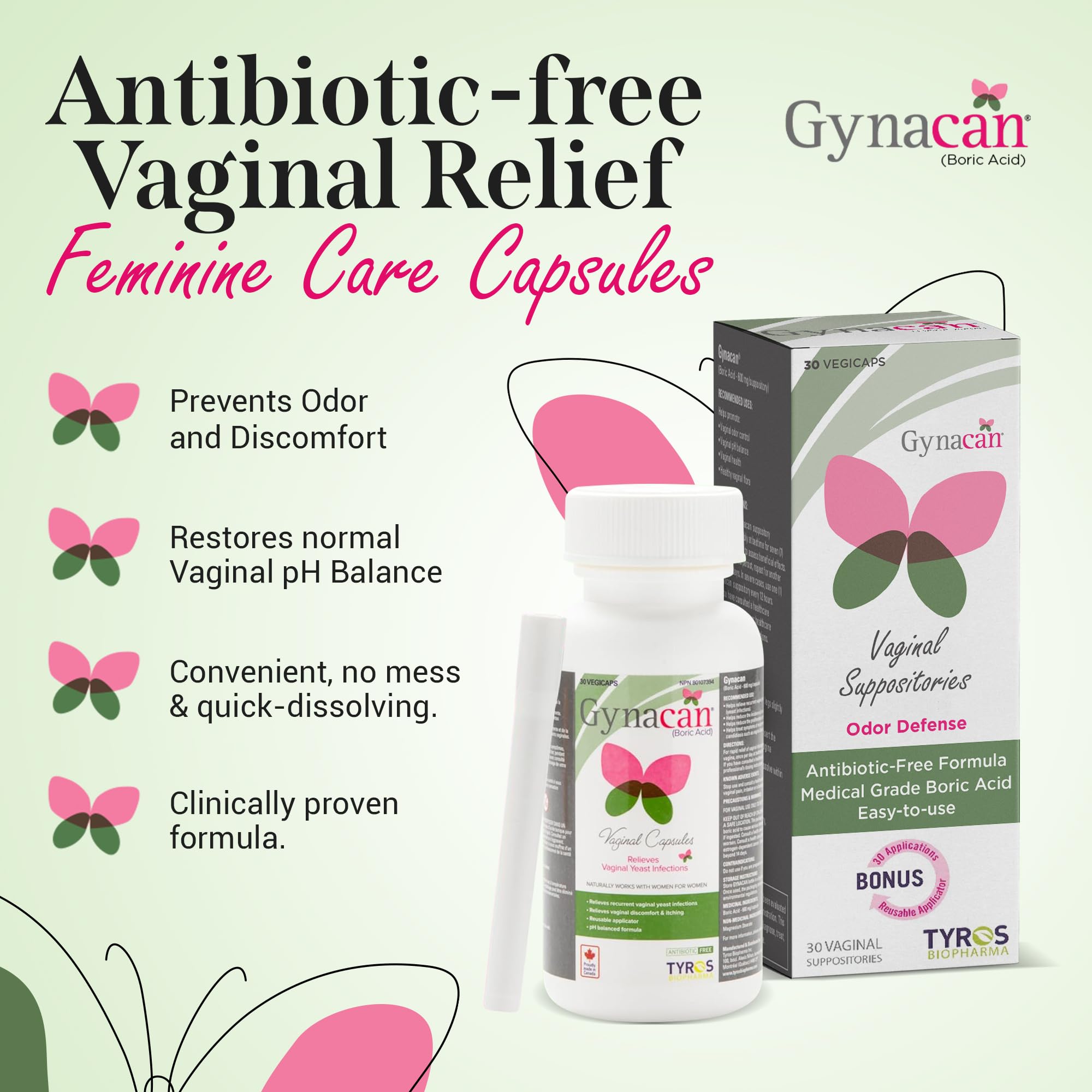 Gynacan Boric Acid Suppositories for Women - pH Balance Vaginal Treatment for Women Odor Prevention, Pure Formula, No-Mess Applicator, Gentle & Effective Gynacan uk supplements