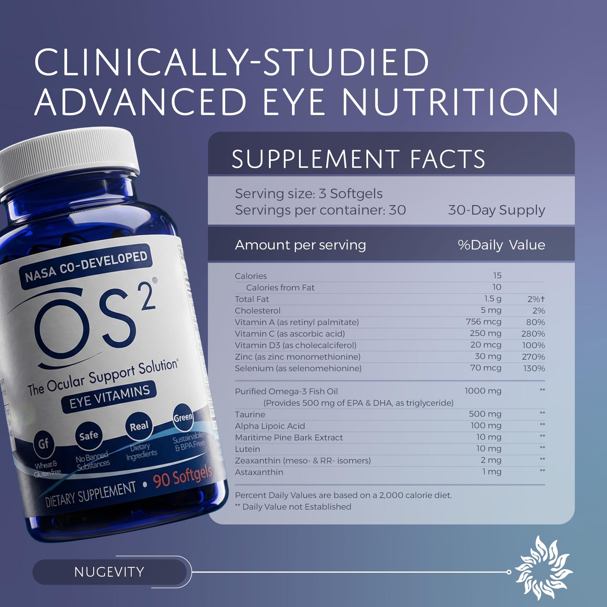 Nugevity OS2 Ocular Support Solution - Patented Eye Vitamins for Macular Health, Dry Eye and Blue Light - Lutein, Zeaxanthin, Omega 3, Astaxanthin and AREDS2 Supplements, Co-Developed by NASA, 90 ct Nugevity uk supplements
