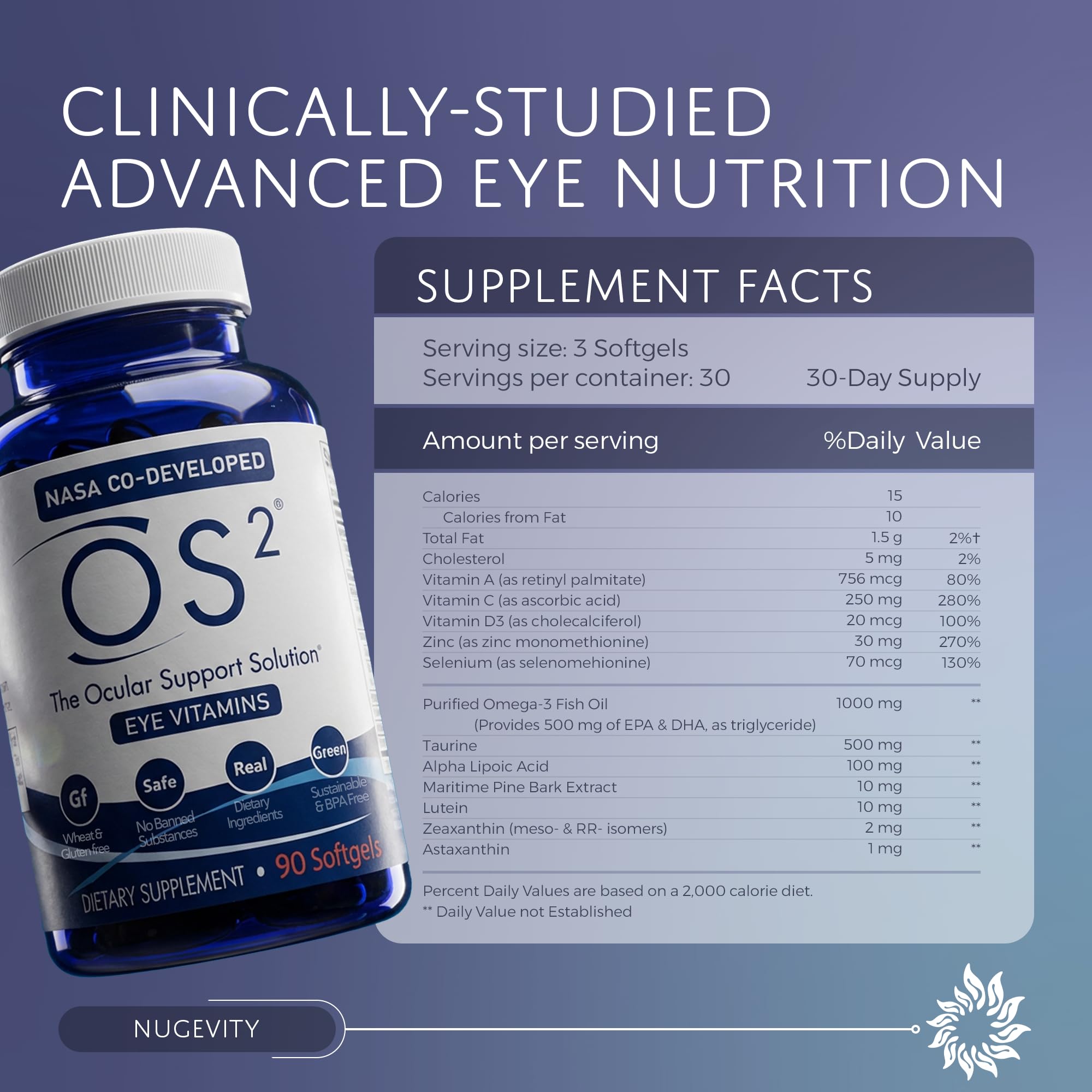 Nugevity OS2 Ocular Support Solution - Patented Eye Vitamins for Macular Health, Dry Eye and Blue Light - Lutein, Zeaxanthin, Omega 3, Astaxanthin and AREDS2 Supplements, Co-Developed by NASA, 90 ct Nugevity uk supplements