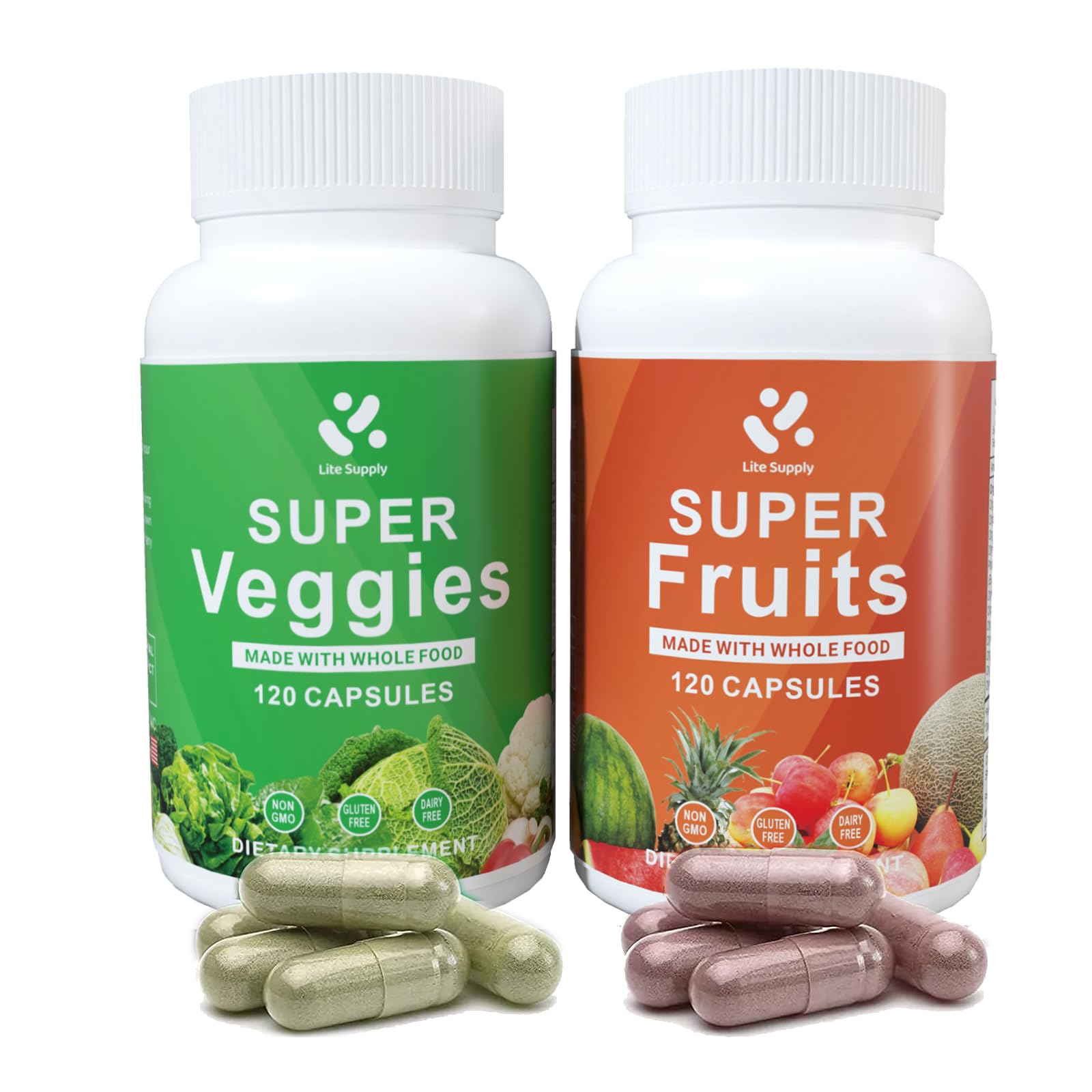 Lite Supply Fruits and Veggies Supplement 240 Caps - 120 Fruit and 120 Veggie Capsules - Whole Food & Natural Superfood Filled with Vitamins & Minerals for Women, Men Supports Energy Levels Lite Supply uk supplements