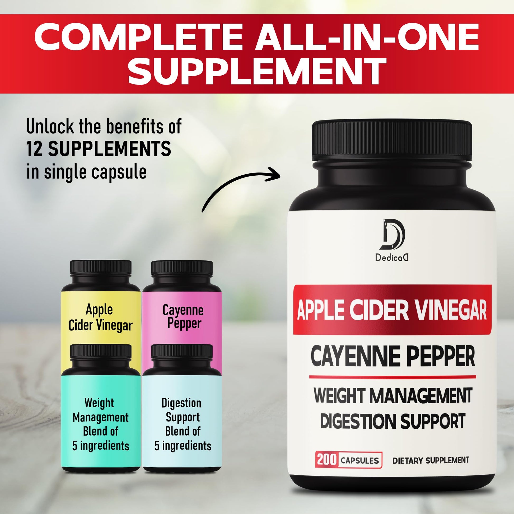 12in1 Apple Cider Vinegar Supplements - 200 Capsules with Cayenne Pepper, Grape Seed DEDICAD uk supplements
