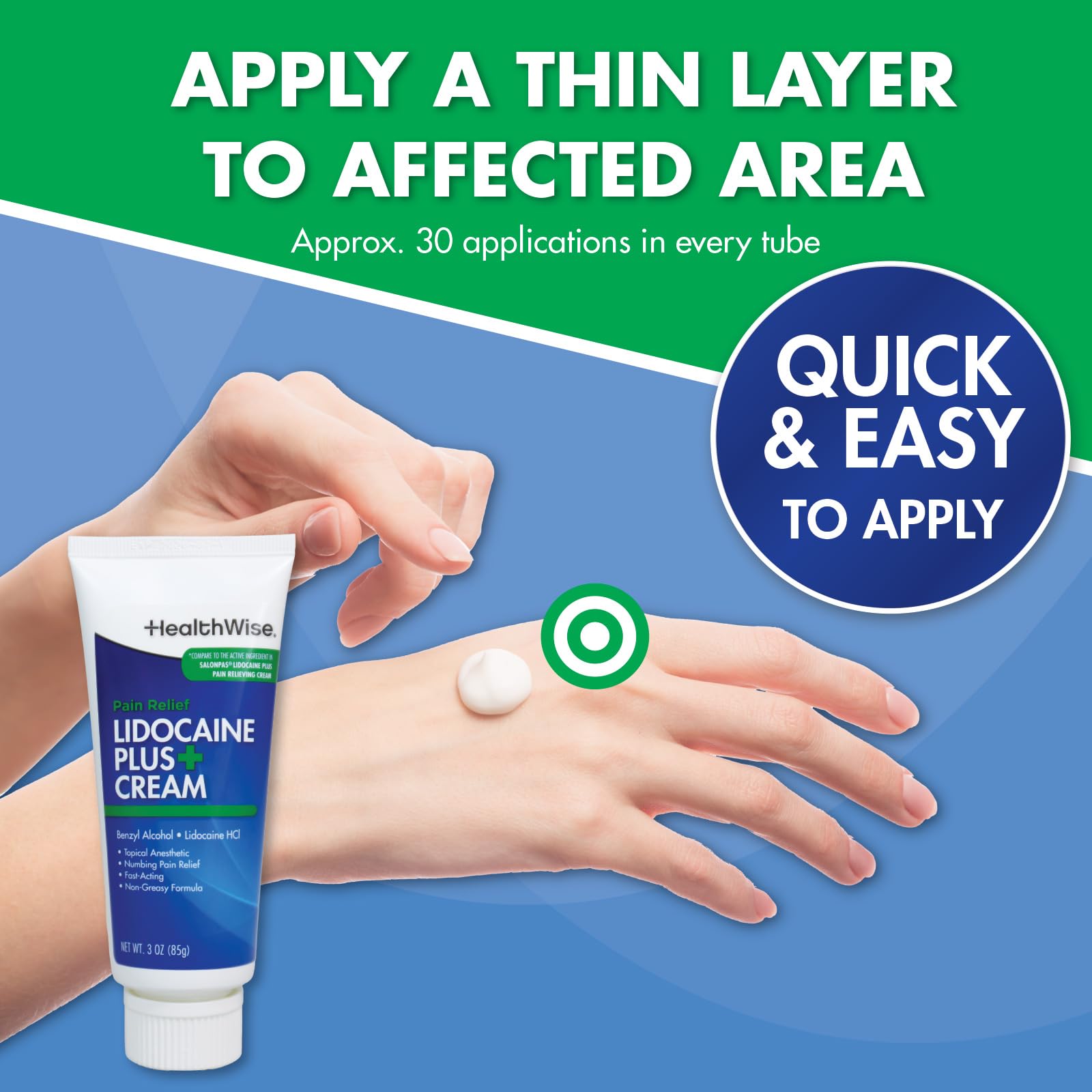 HealthWise Lidocaine Plus+ Cream | Numbs Away Pain | | Non-Greasy | 3.0 Oz | 4% OTC Lidocaine + 10% Benzyl Alcohol | Topical Anesthetic HealthWise uk supplements