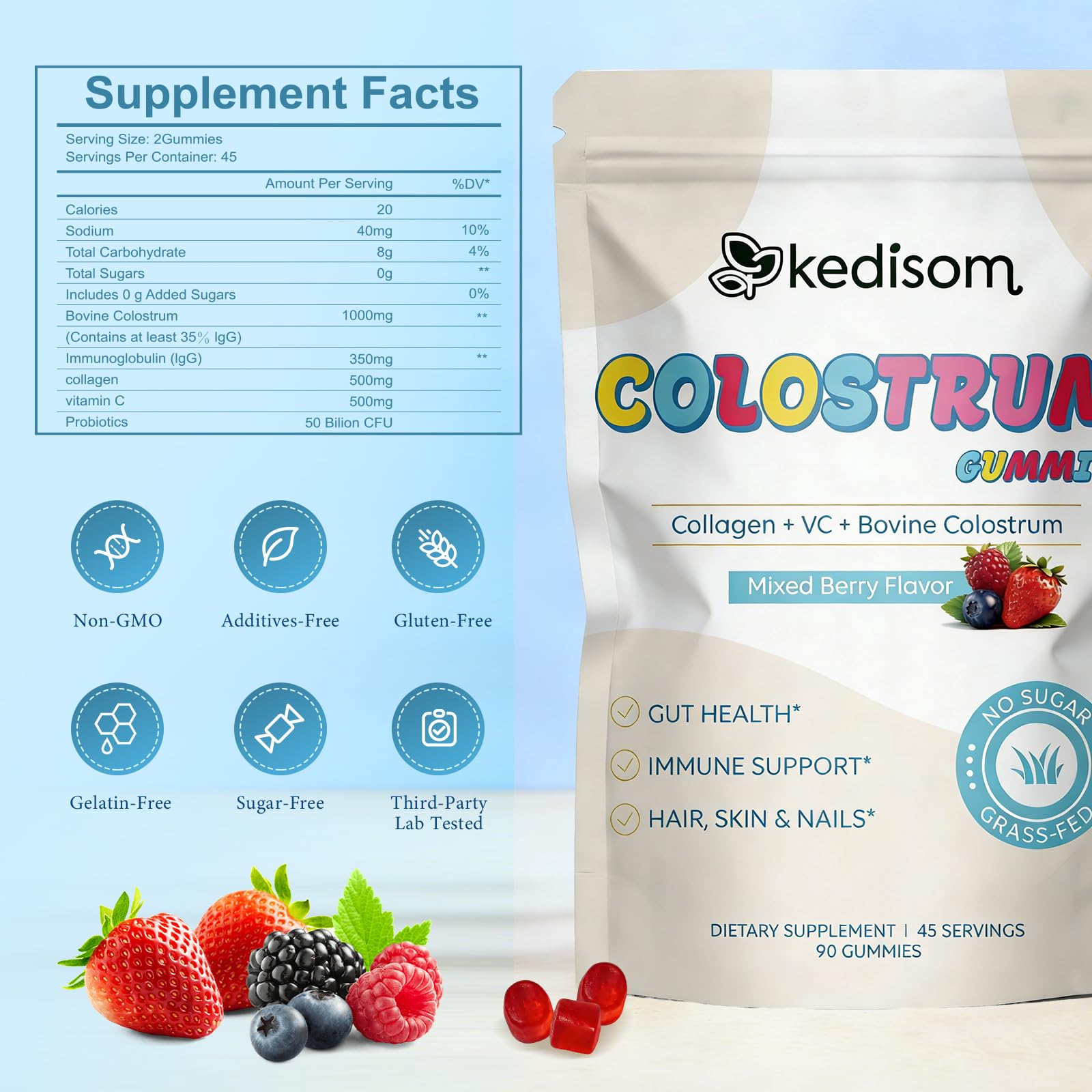 KEDISOM Colostrum Gummies, Grass Fed Colostrum Supplement, 90 Bovine Colostrum Gummies, 45 Servings, Mixed Berry, Sugar-Free KEDISOM uk supplements