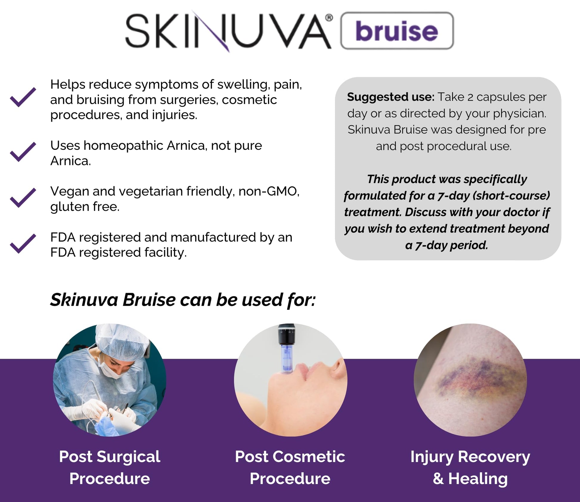 Skinuva® Bruise - Supplement for Bruising and Swelling - A Homeopathic Bruise Remedy Formulated with Arnica, Bromelain & Zinc - 14 Capsules (7-Day Treatment) Skinuva uk supplements